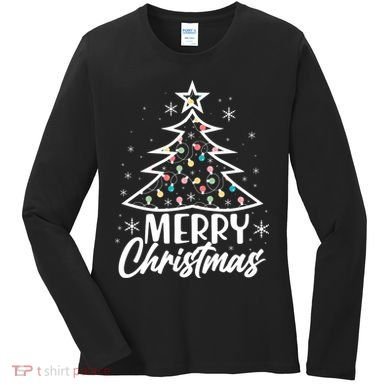 Cute Merry Christmas Tree Outline Women's Long Sleeve Shirt