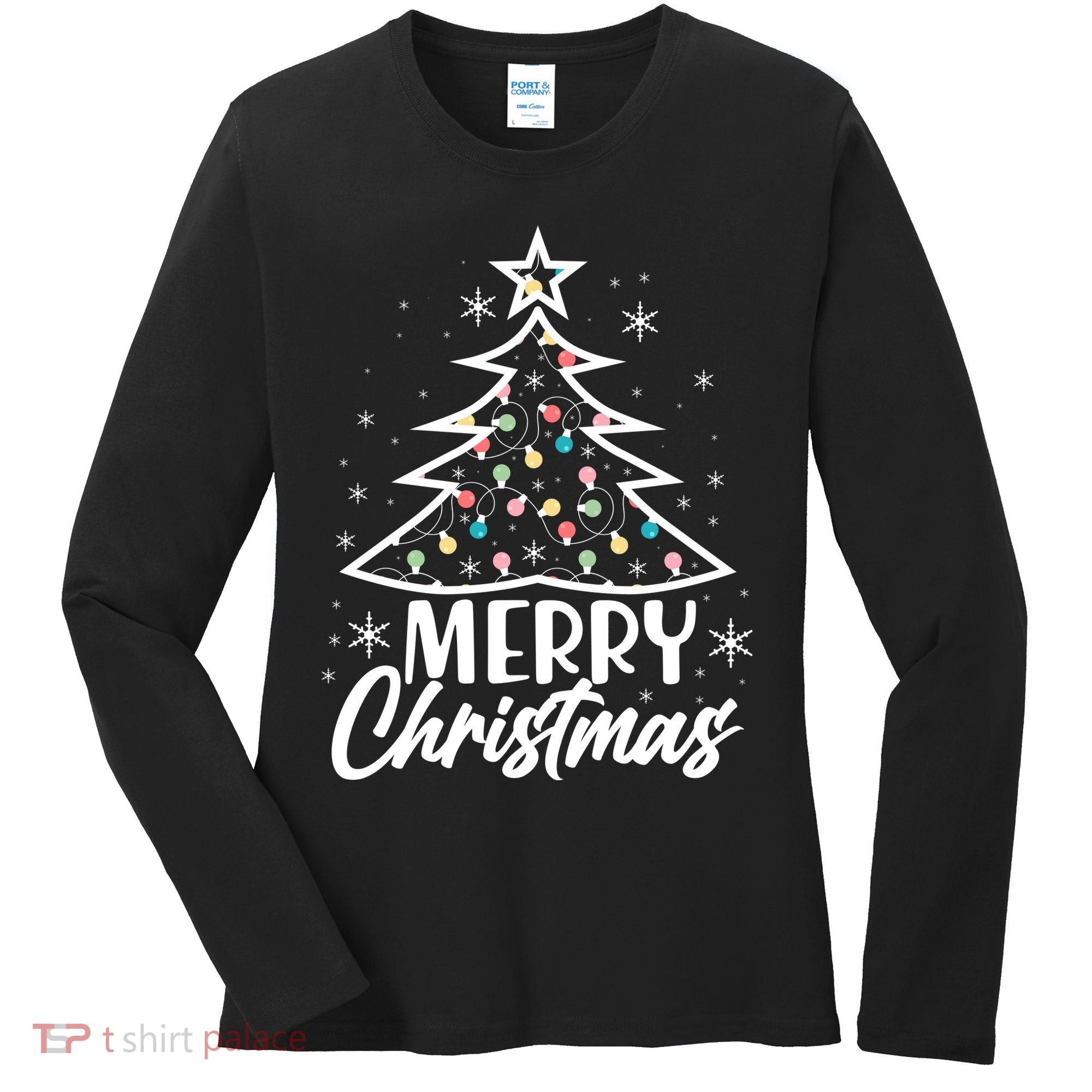 Cute Merry Christmas Tree Outline Women's Long Sleeve Shirt