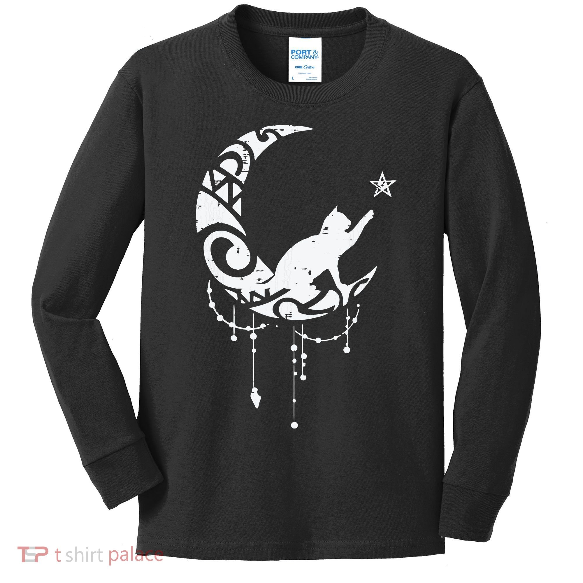 Crescent Moon Cat Star Mystical Celestial Women Girl Kids Long Sleeve Shirt