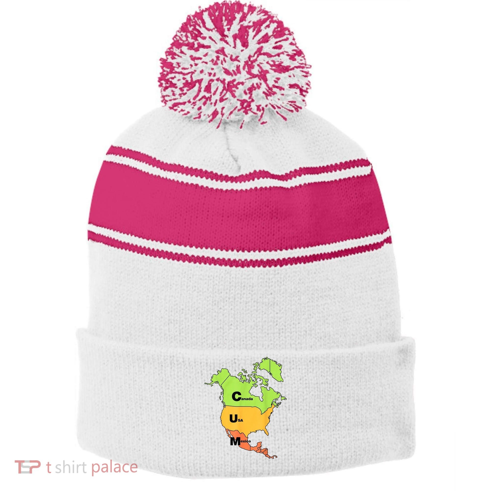 Cum Map Canada Usa And Mexico Stripe Pom Pom Beanie