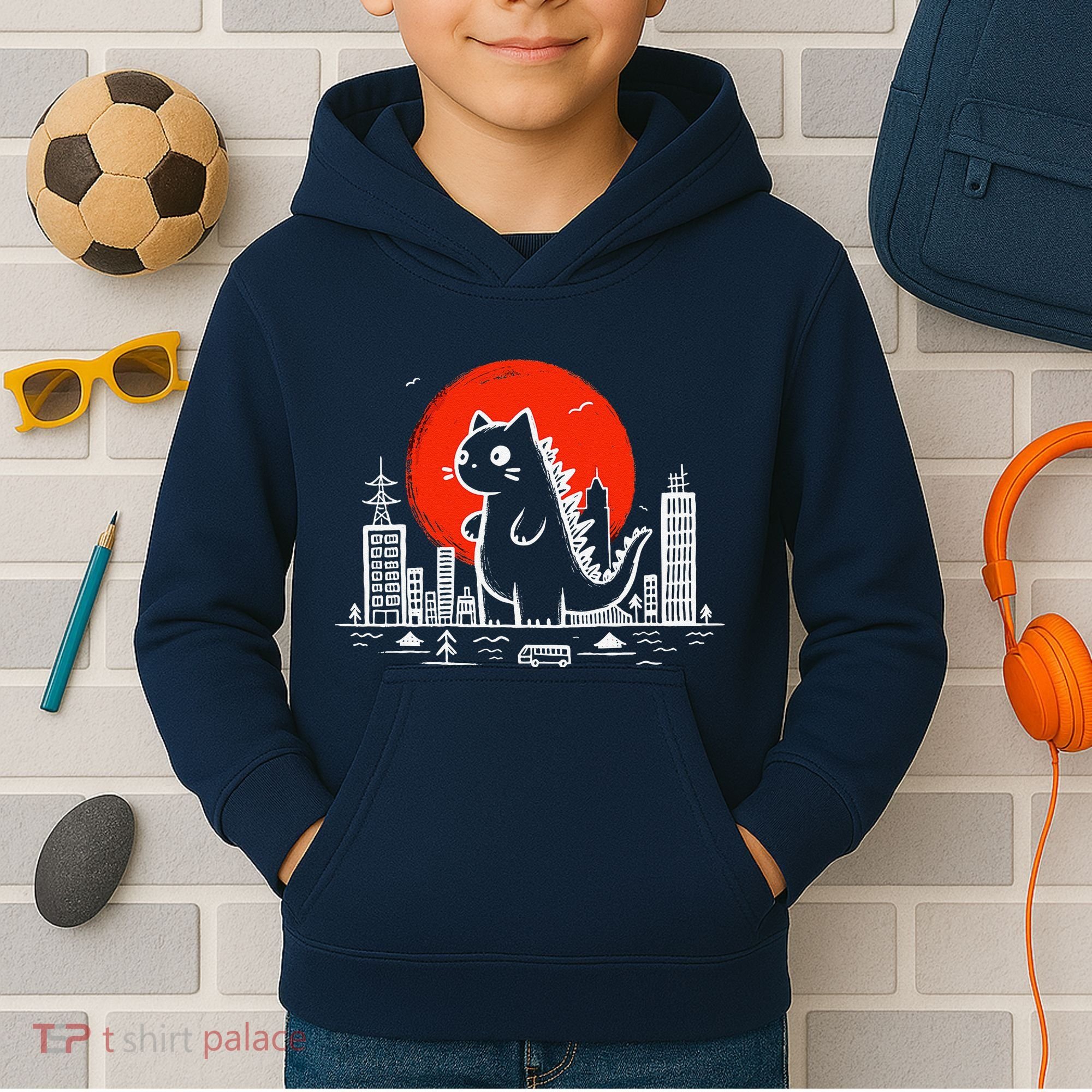 Catzilla Monster Cat Memes Retro Japan Kawaii Kaiju Kids Hoodie