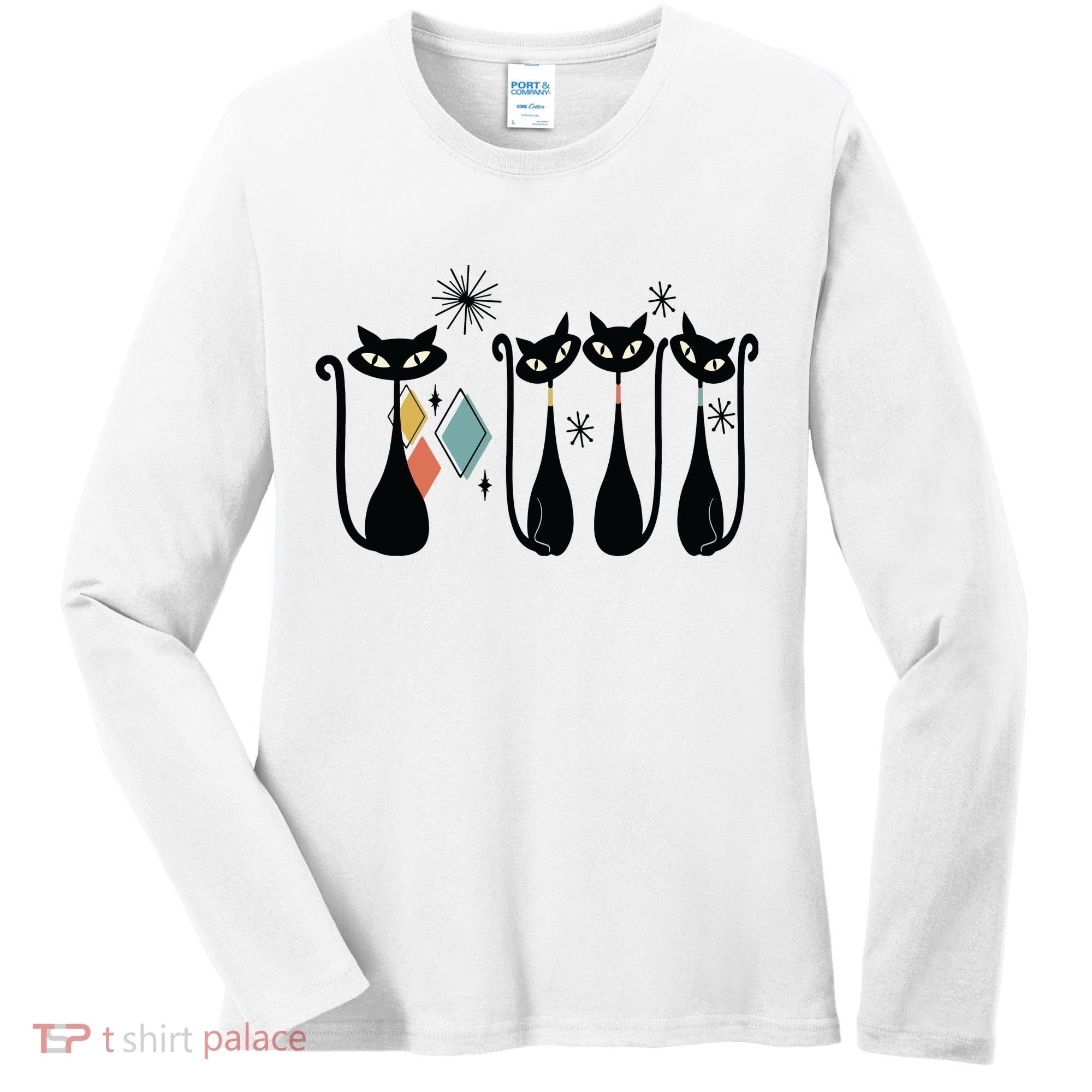 Cat Mid Century Cats 50s Cats Atomic Cats Women's Long Sleeve Shirt