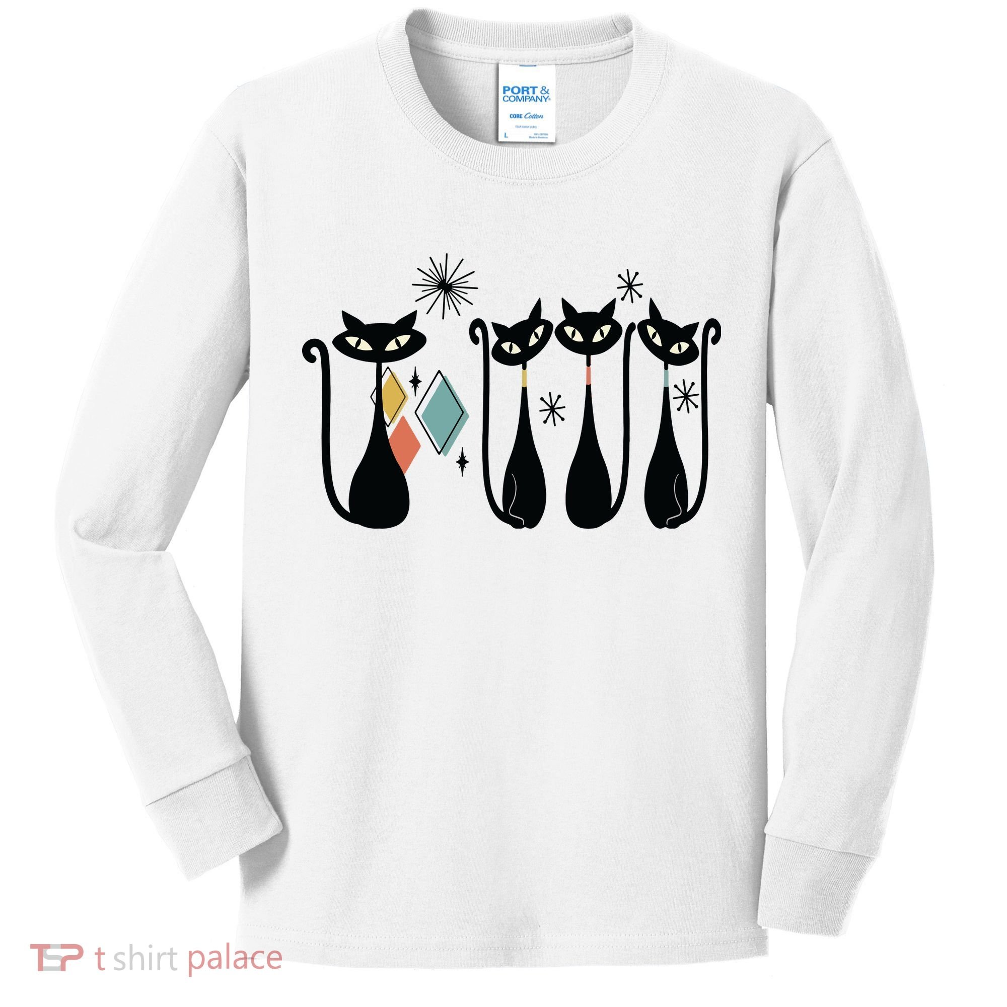 Cat Mid Century Cats 50s Cats Atomic Cats Kids Long Sleeve Shirt