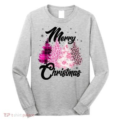Cute Merry Christmas Pink Pattern Christmas Pine Trees Long Sleeve Shirt