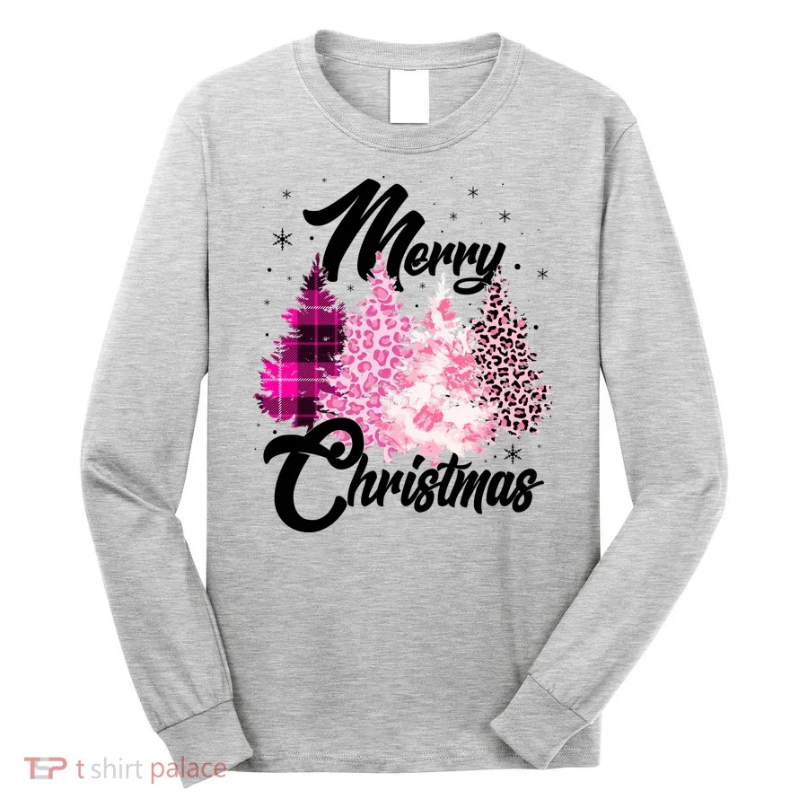 Cute Merry Christmas Pink Pattern Christmas Pine Trees Long Sleeve Shirt