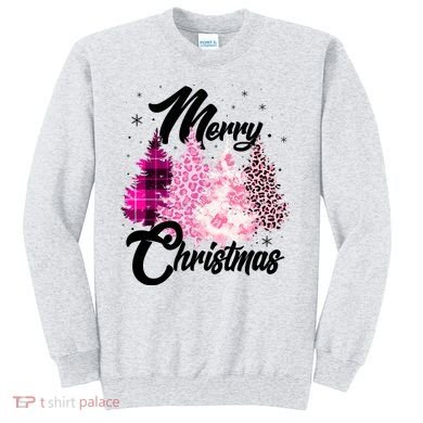 Cute Merry Christmas Pink Pattern Christmas Pine Trees Sweatshirt