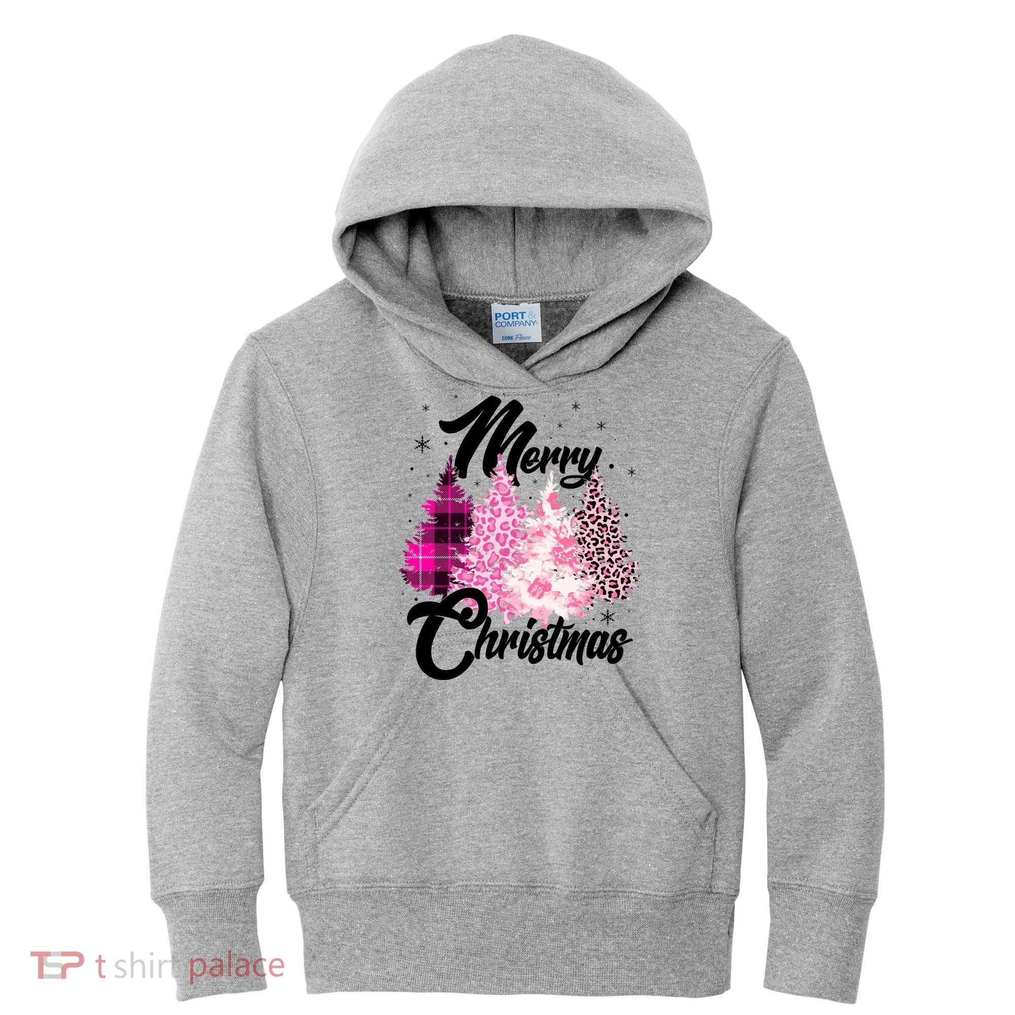 Cute Merry Christmas Pink Pattern Christmas Pine Trees Kids Hoodie