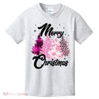 Cute Merry Christmas Pink Pattern Christmas Pine Trees Kids T-Shirt thumb 0