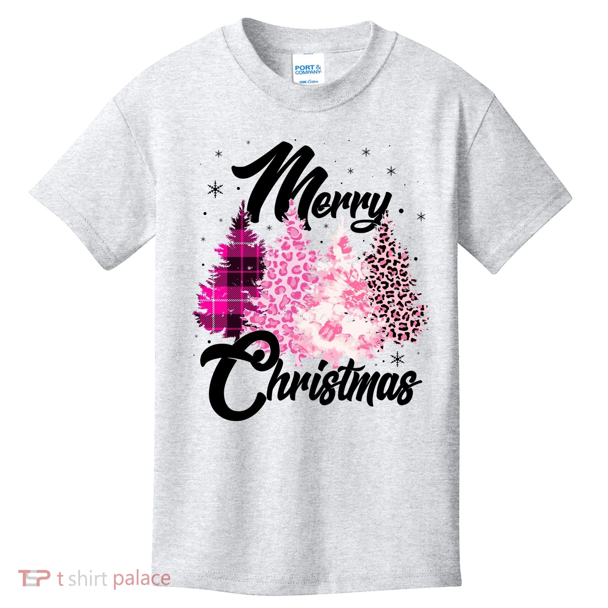 Cute Merry Christmas Pink Pattern Christmas Pine Trees Kids T-Shirt