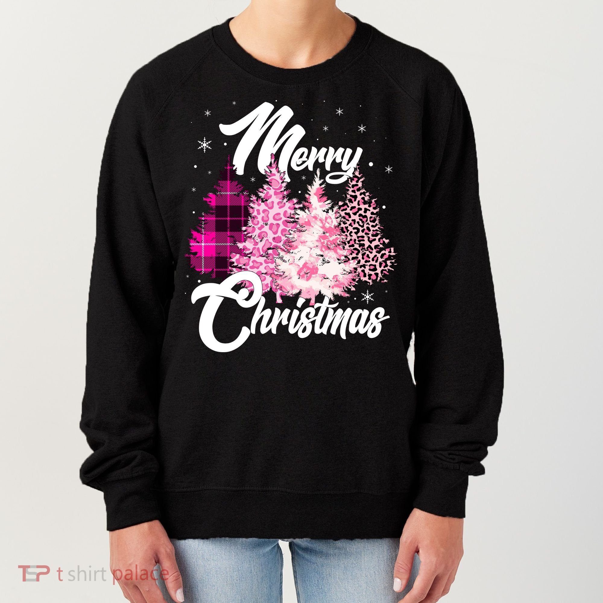 Cute Merry Christmas Pink Pattern Christmas Pine Trees Women's Sweatshirt