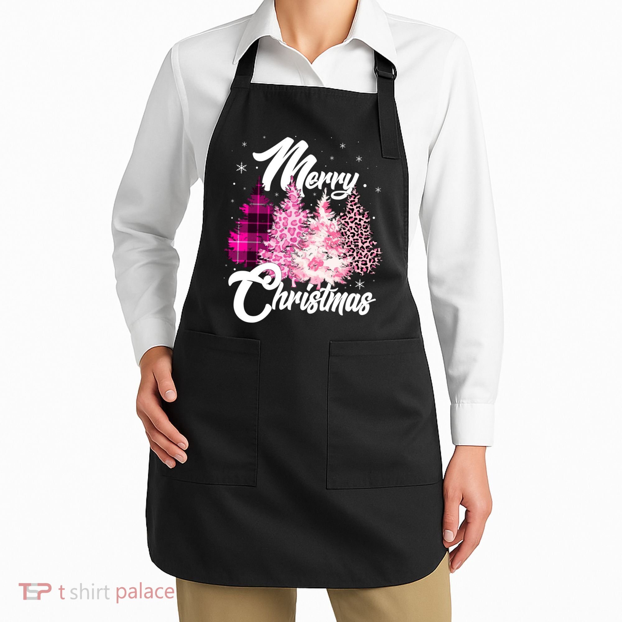Cute Merry Christmas Pink Pattern Christmas Pine Trees Apron