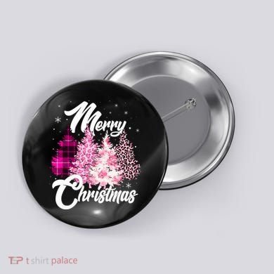 Cute Merry Christmas Pink Pattern Christmas Pine Trees Button