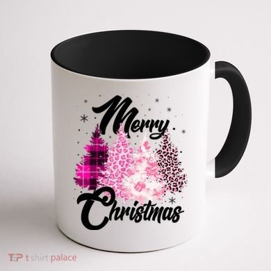 Cute Merry Christmas Pink Pattern Christmas Pine Trees Coffee Mug back