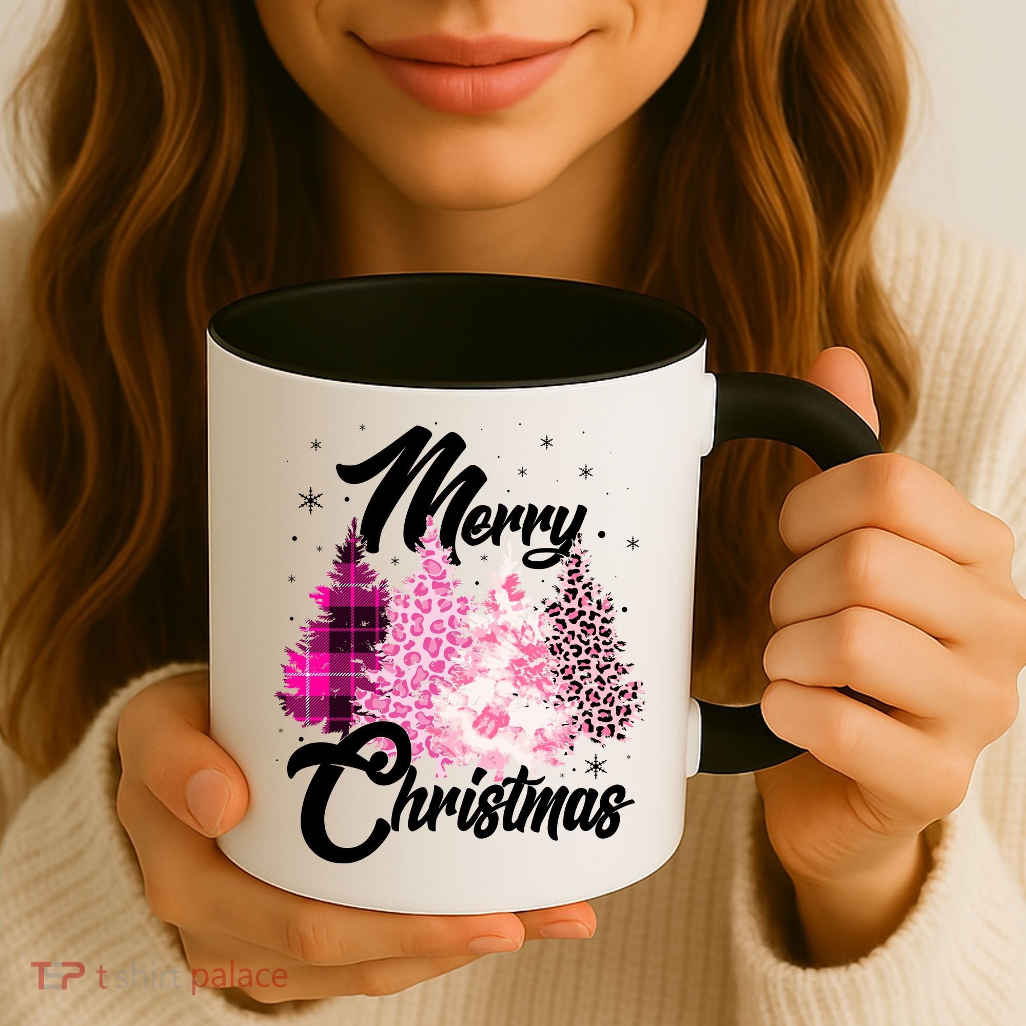 Cute Merry Christmas Pink Pattern Christmas Pine Trees Coffee Mug