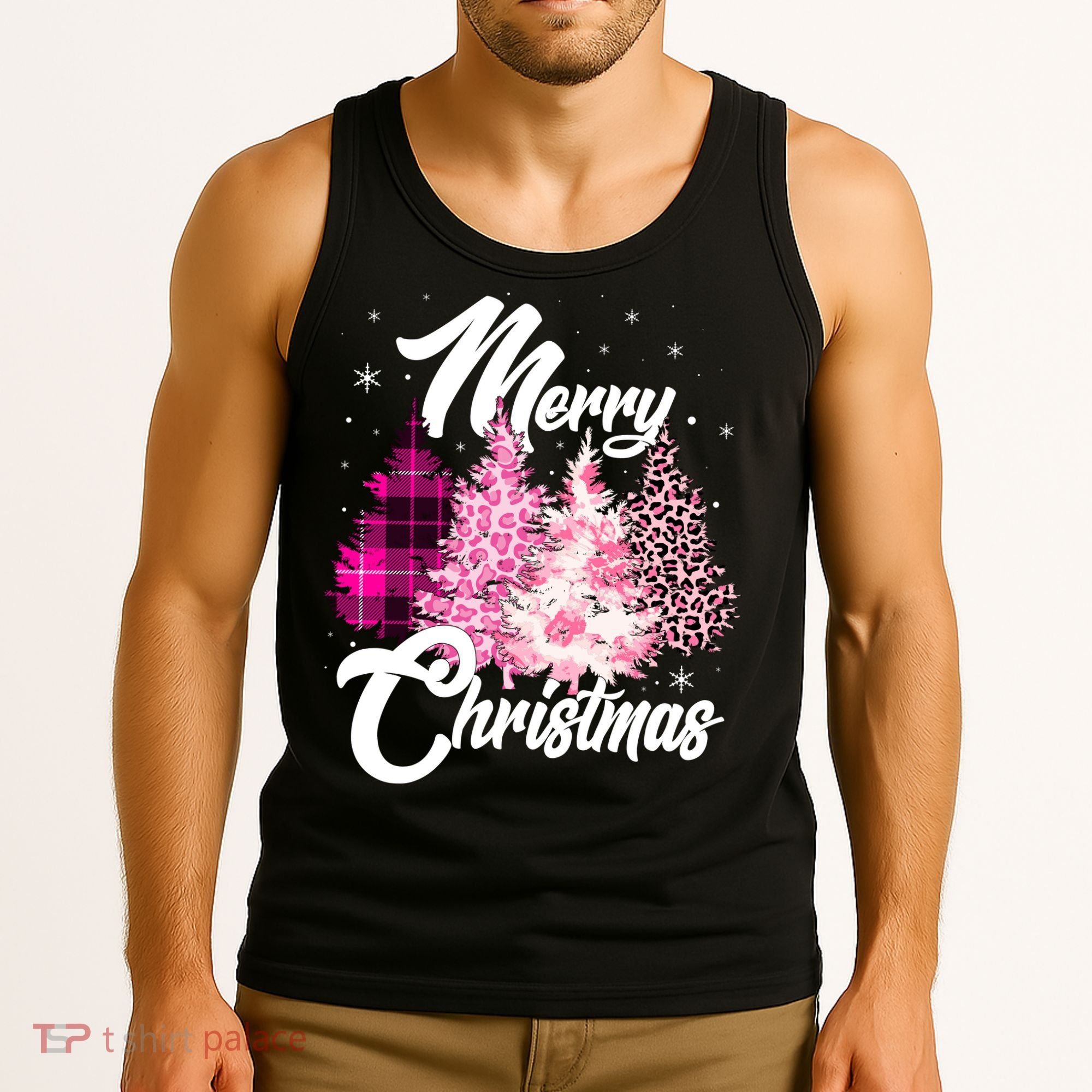 Cute Merry Christmas Pink Pattern Christmas Pine Trees Tank Top