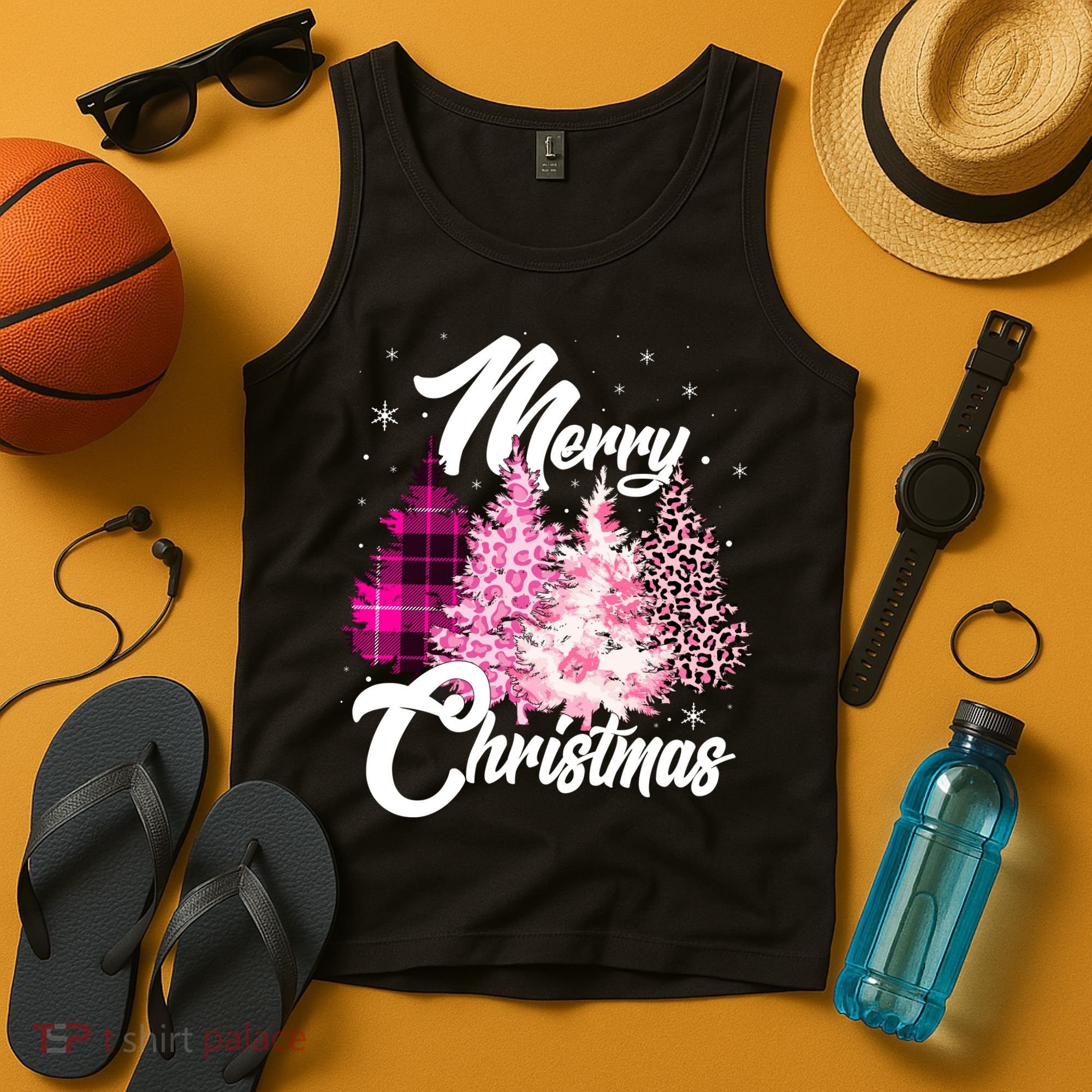 Cute Merry Christmas Pink Pattern Christmas Pine Trees Tank Top