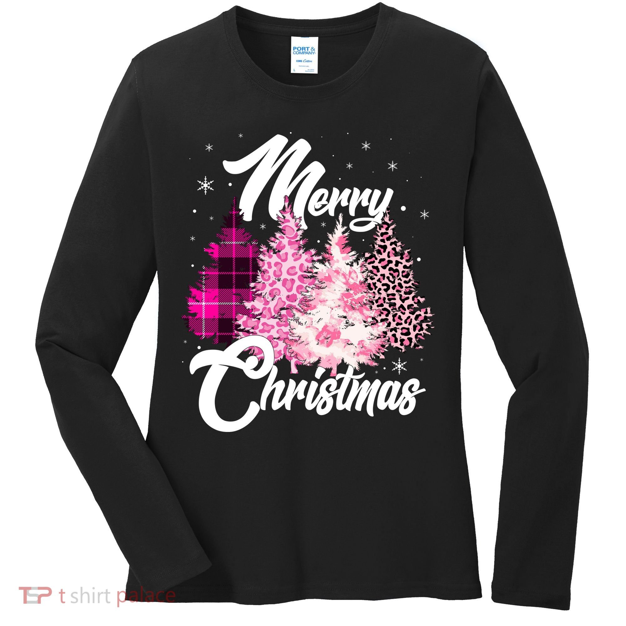 Cute Merry Christmas Pink Pattern Christmas Pine Trees Women's Long Sleeve Shirt