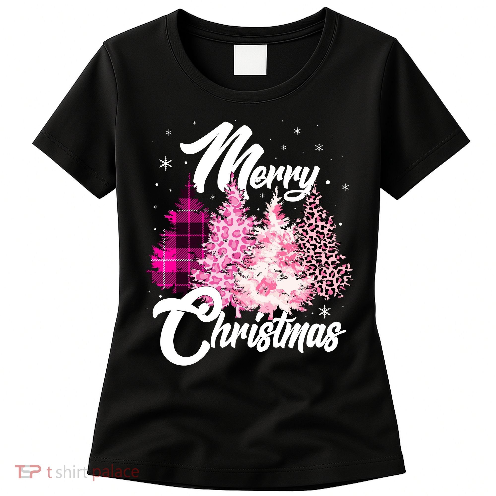 Cute Merry Christmas Pink Pattern Christmas Pine Trees Women's T-Shirt