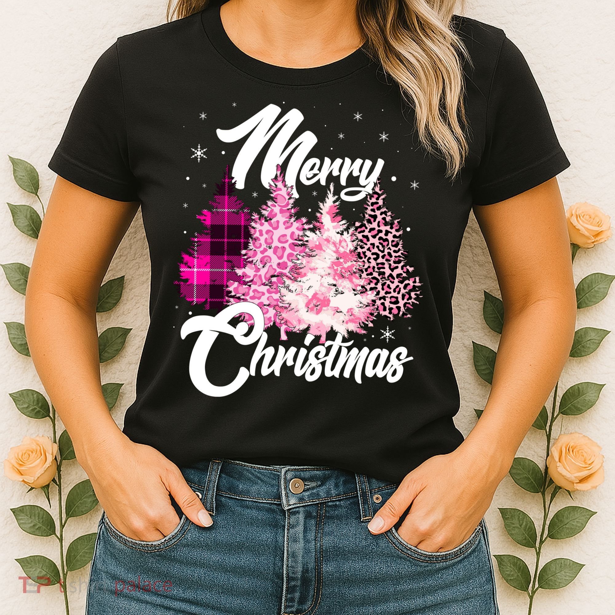 Cute Merry Christmas Pink Pattern Christmas Pine Trees Women's T-Shirt