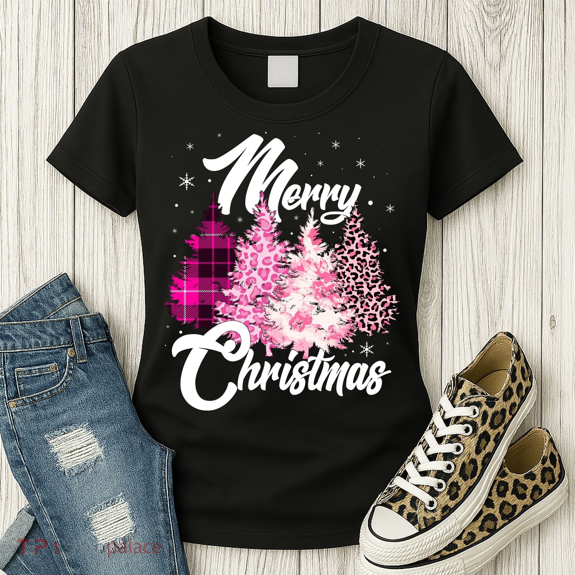 Cute Merry Christmas Pink Pattern Christmas Pine Trees Women's T-Shirt