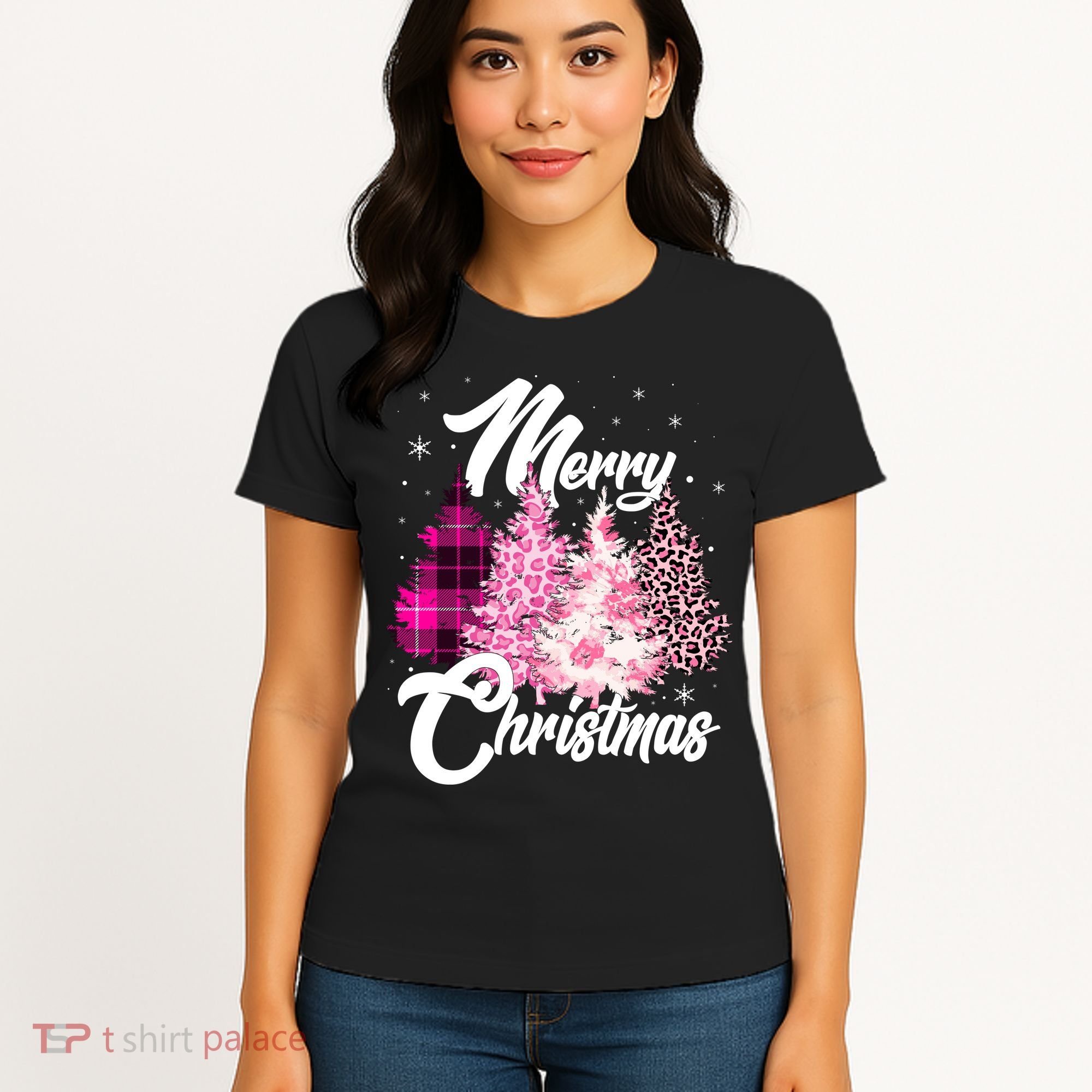 Cute Merry Christmas Pink Pattern Christmas Pine Trees Women's T-Shirt