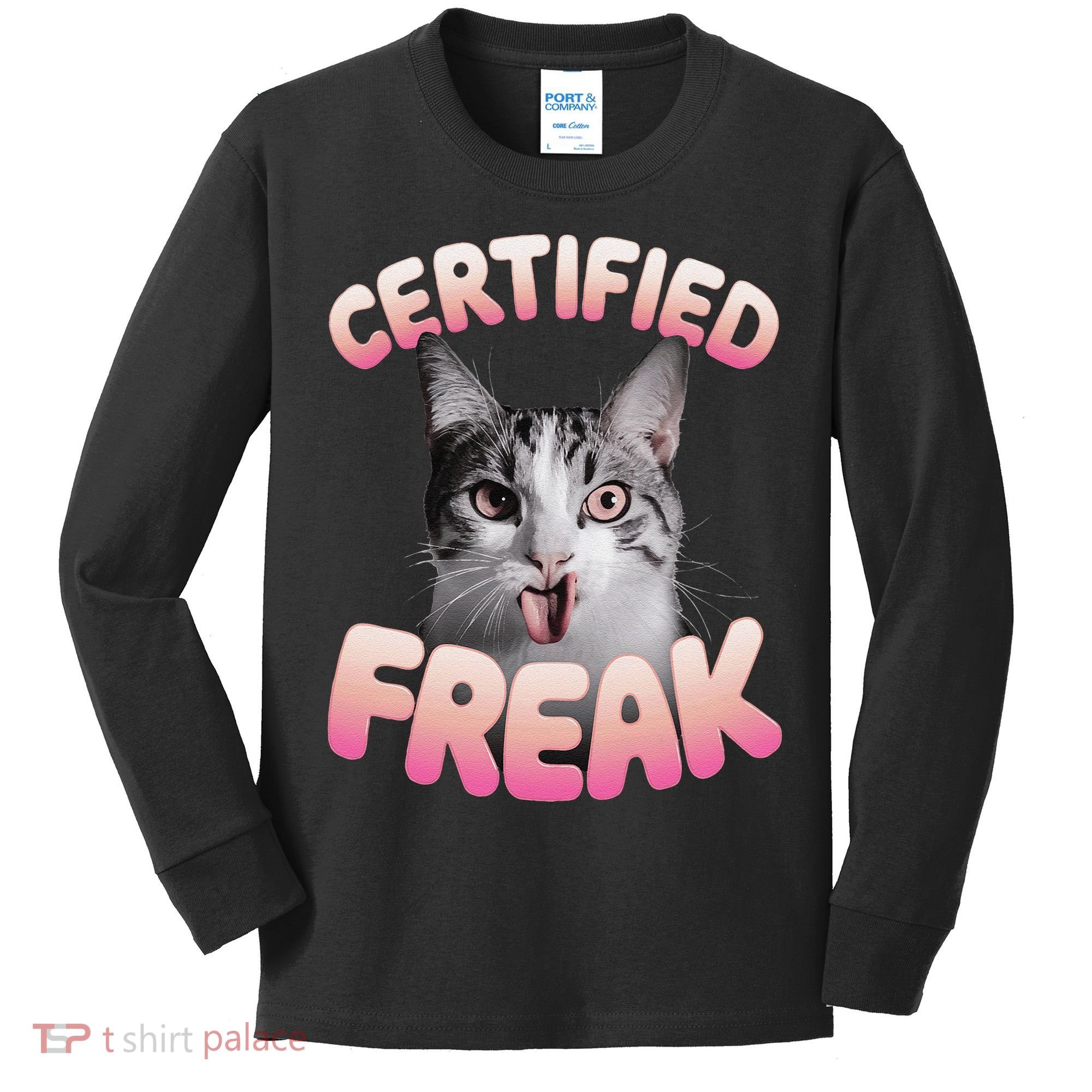 Cat Meme Certified Freak Eat Cement Cursed Cat Funny Kids Long Sleeve Shirt