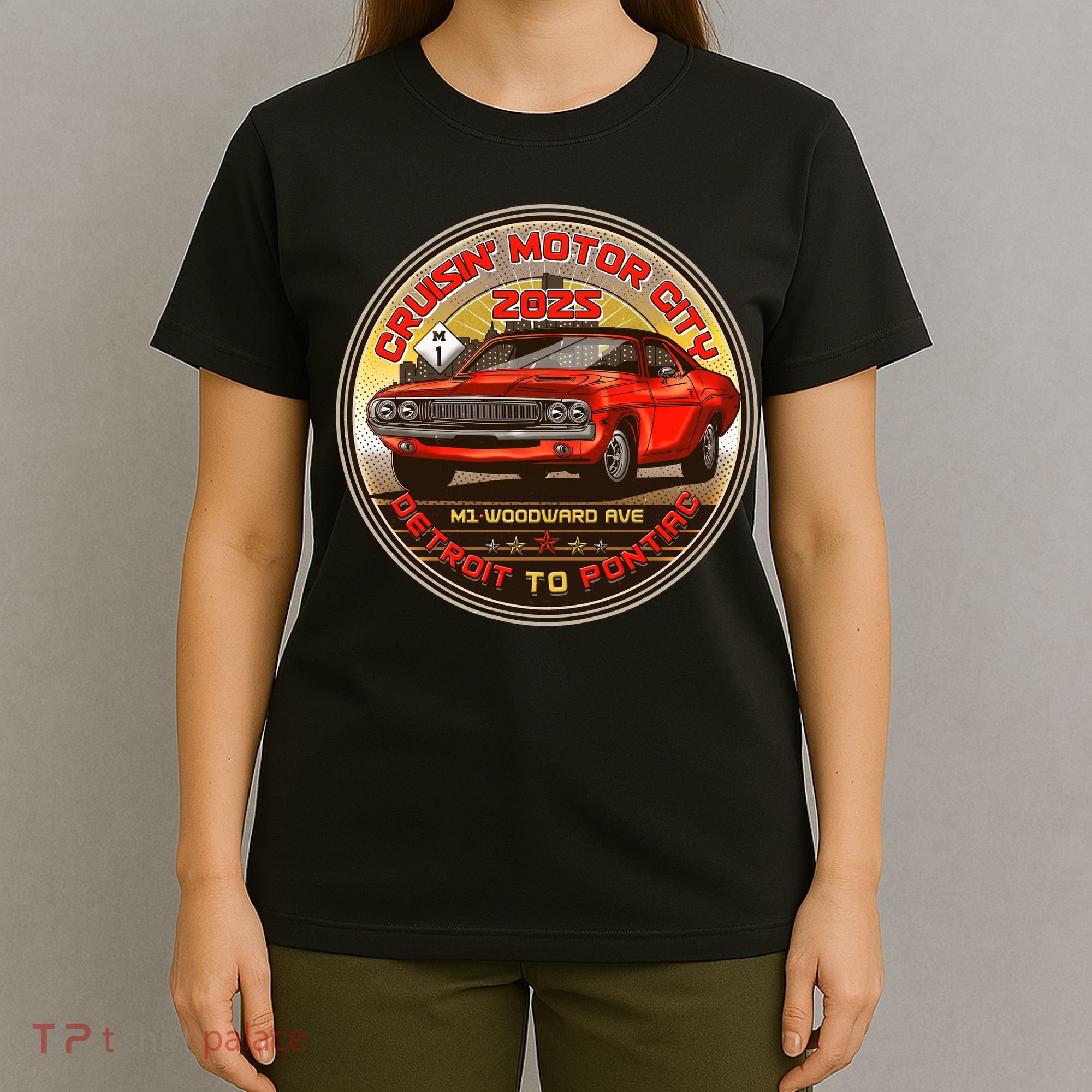 Cruisin Motor City Detroit To Pontiac Muscle Car Emblem T-Shirt