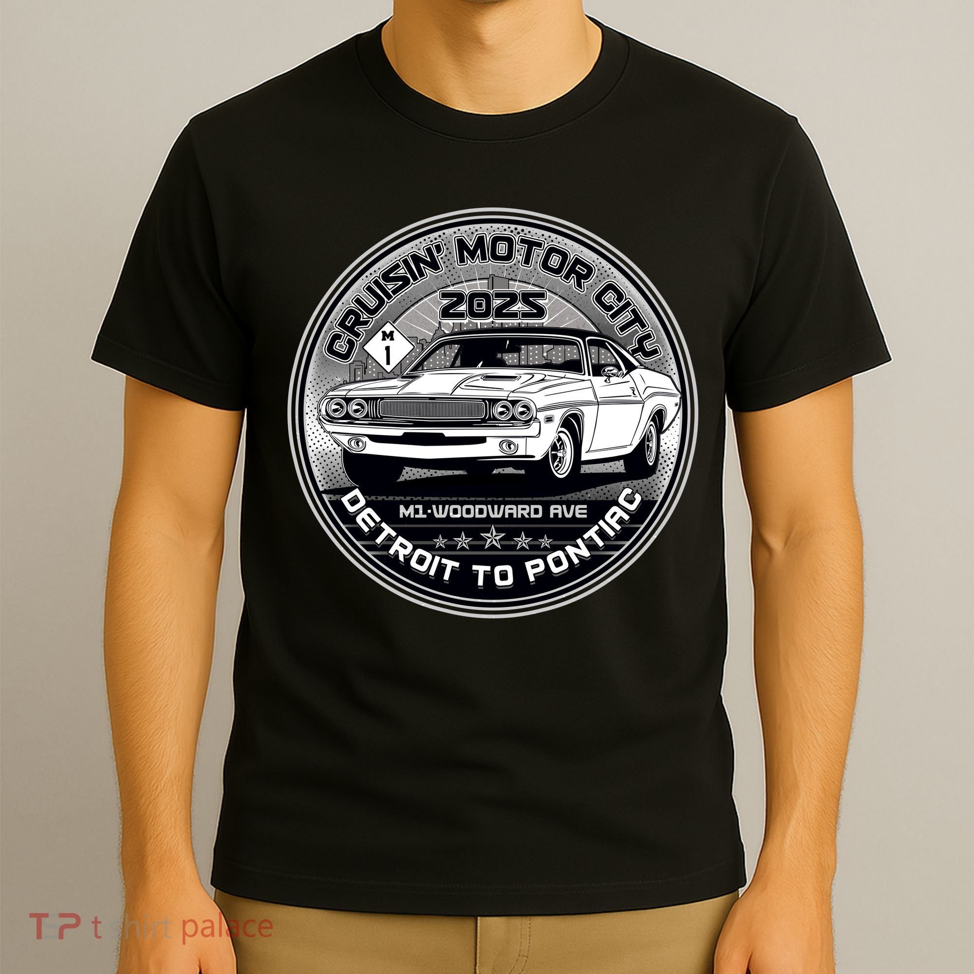 Cruisin Motor City Detroit To Pontiac Muscle Car Silver Emblem T-Shirt