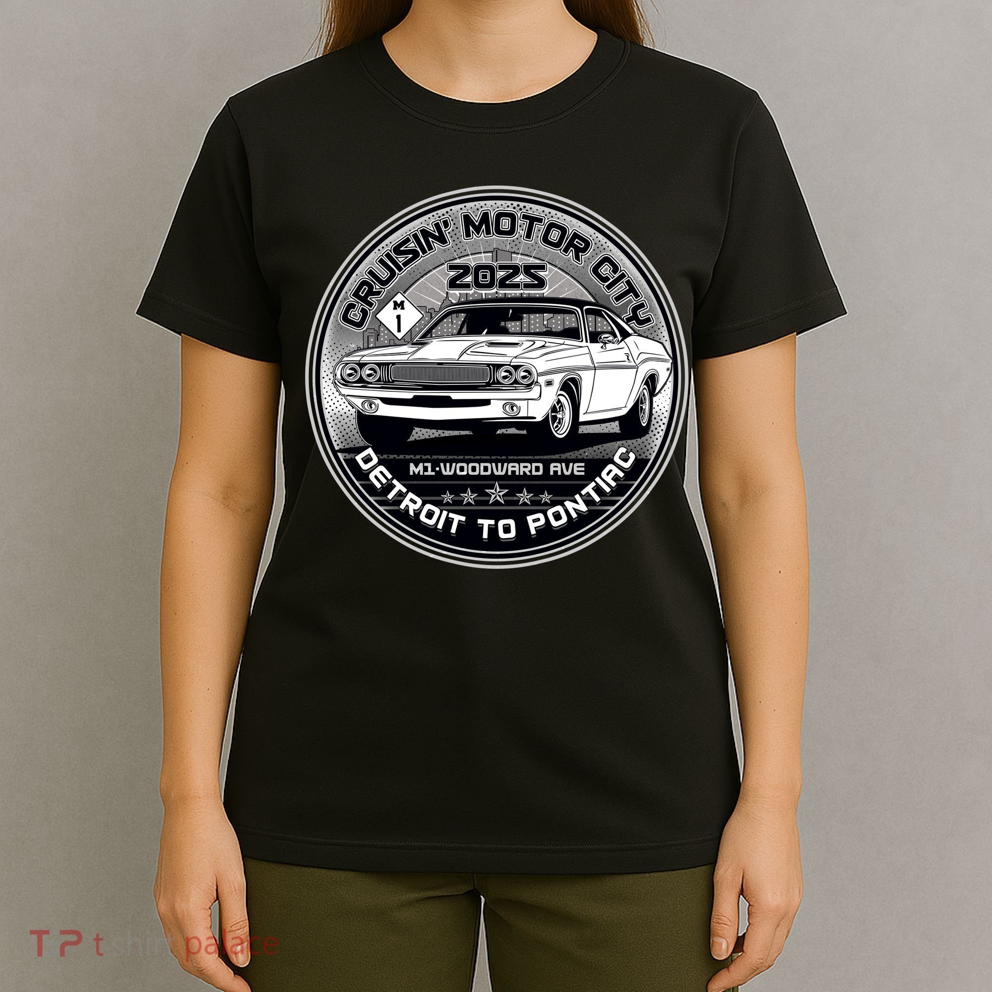 Cruisin Motor City Detroit To Pontiac Muscle Car Silver Emblem T-Shirt