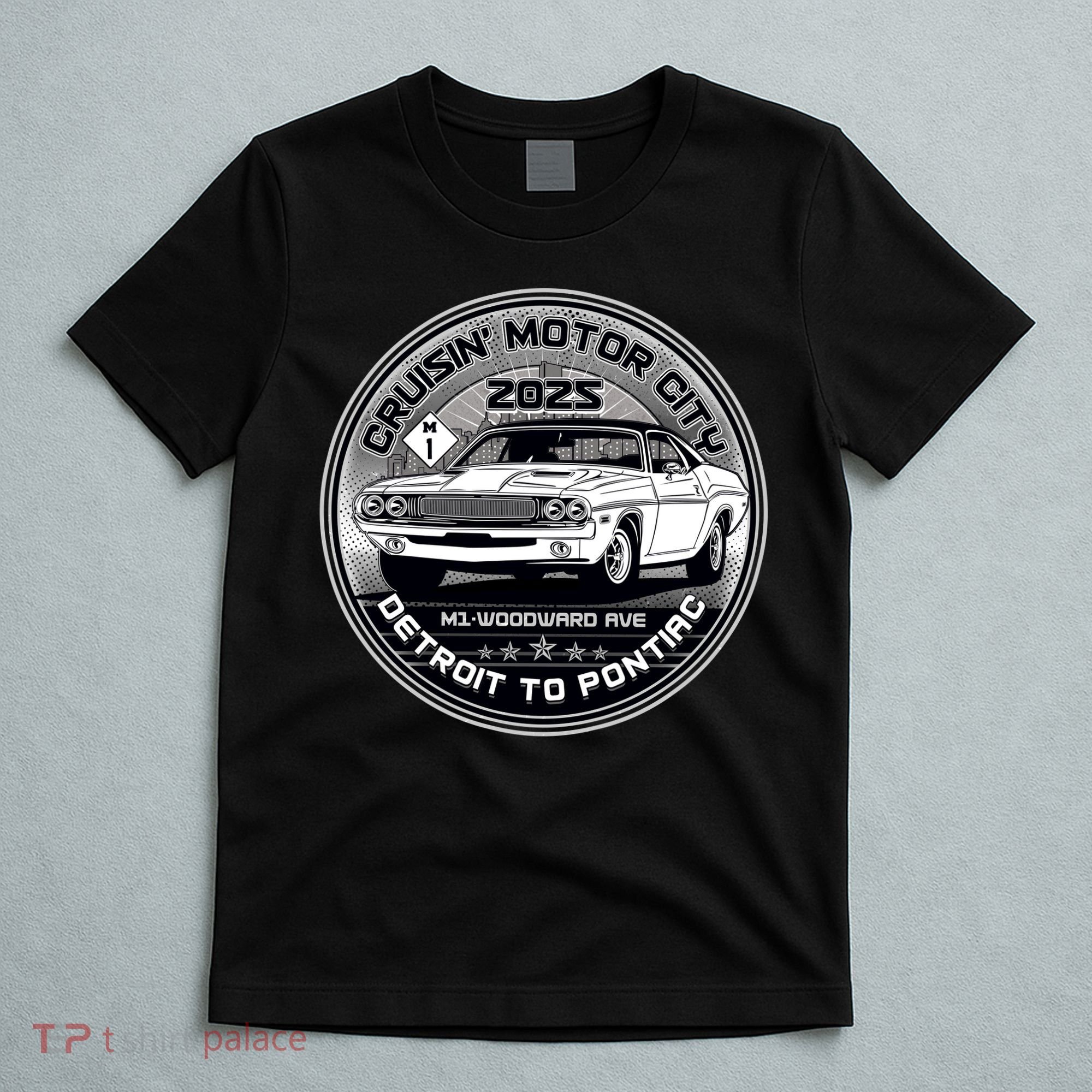 Cruisin Motor City Detroit To Pontiac Muscle Car Silver Emblem T-Shirt