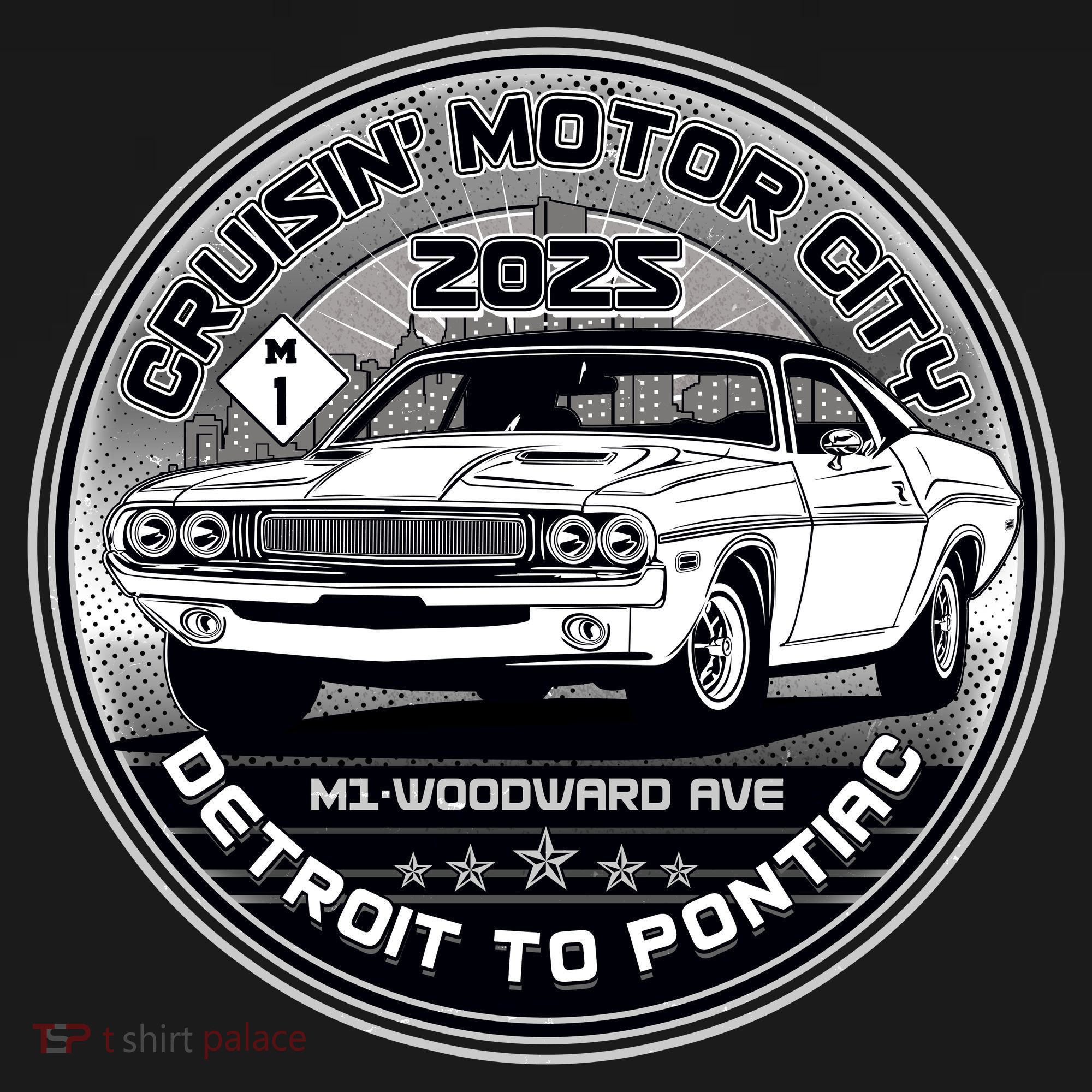 Cruisin Motor City Detroit To Pontiac Muscle Car Silver Emblem T-Shirt