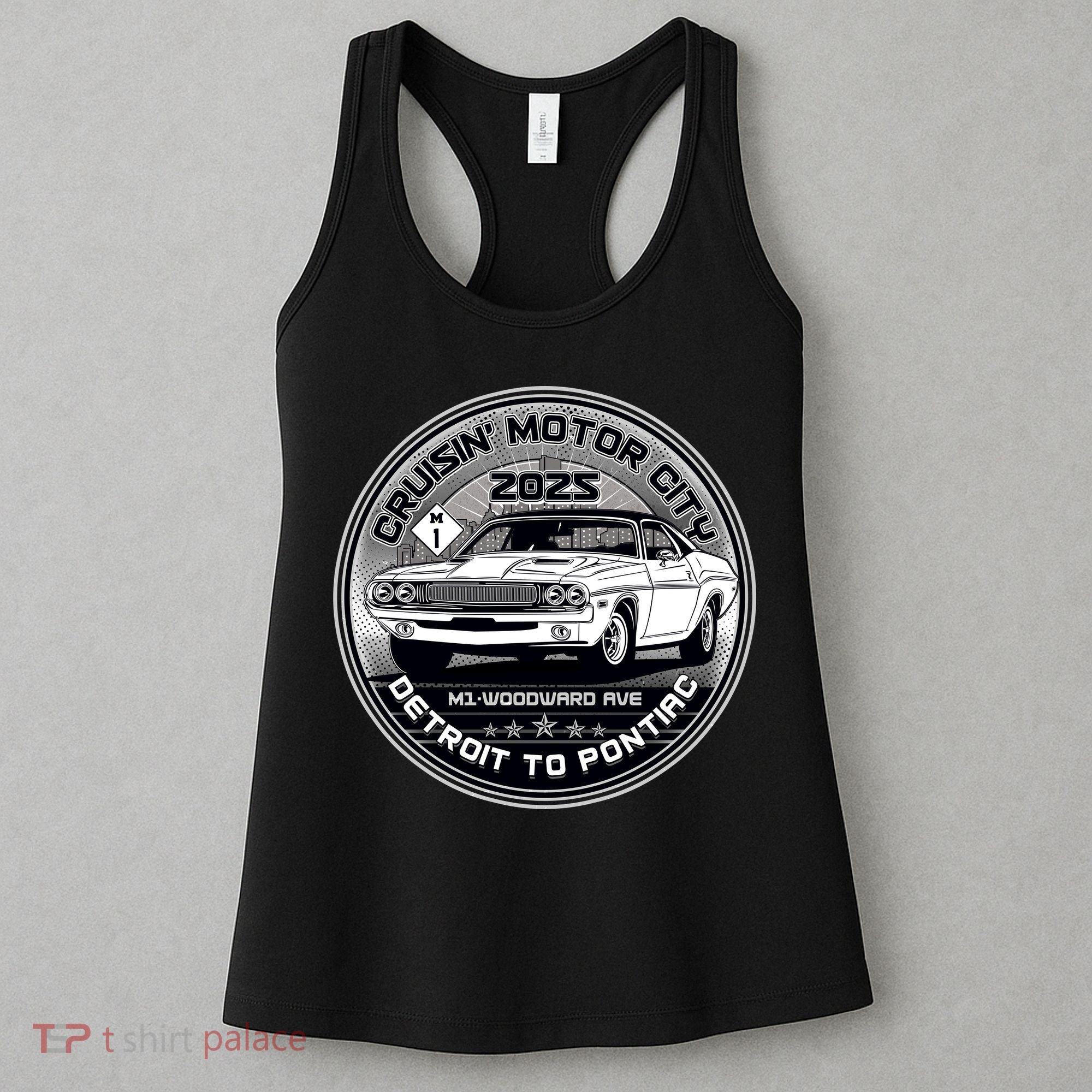 Cruisin Motor City Detroit To Pontiac Muscle Car Silver Emblem Women's Tank Top