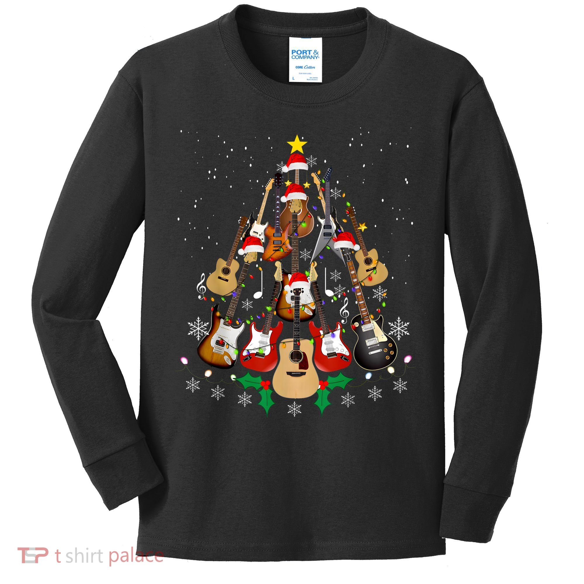 Christmas Musician Christmas Guitar Tree Kids Long Sleeve Shirt
