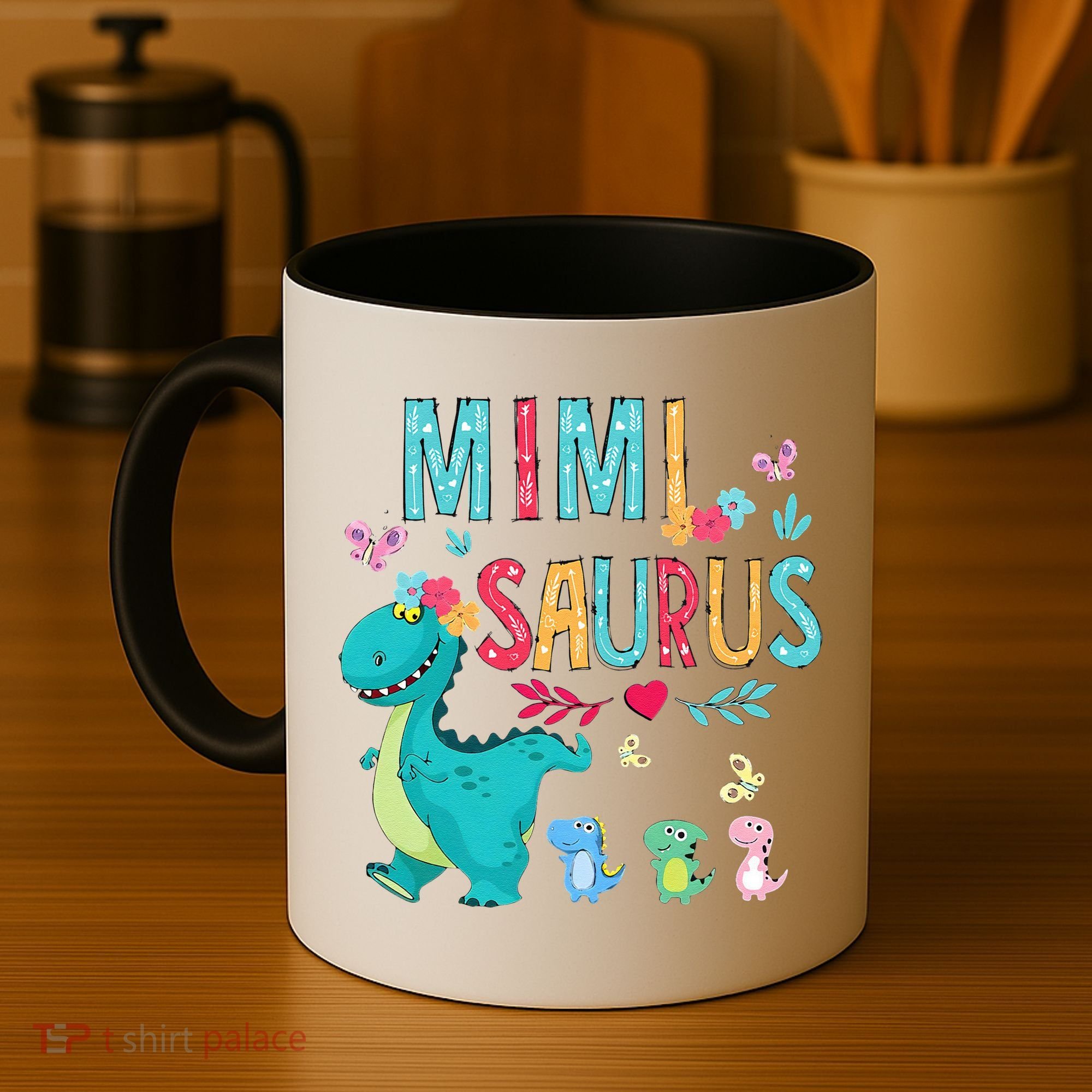 Cute Mimisaurus Flower Butterfly Dinosaur Mother's Day Coffee Mug