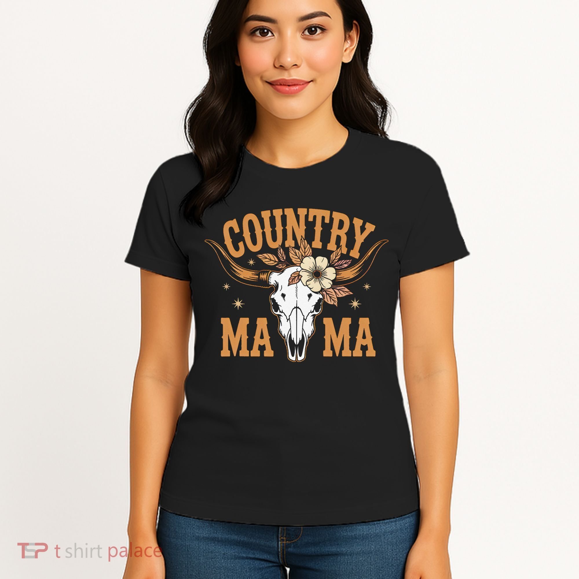 Country Mama Floral Skull Horns Star Women's T-Shirt