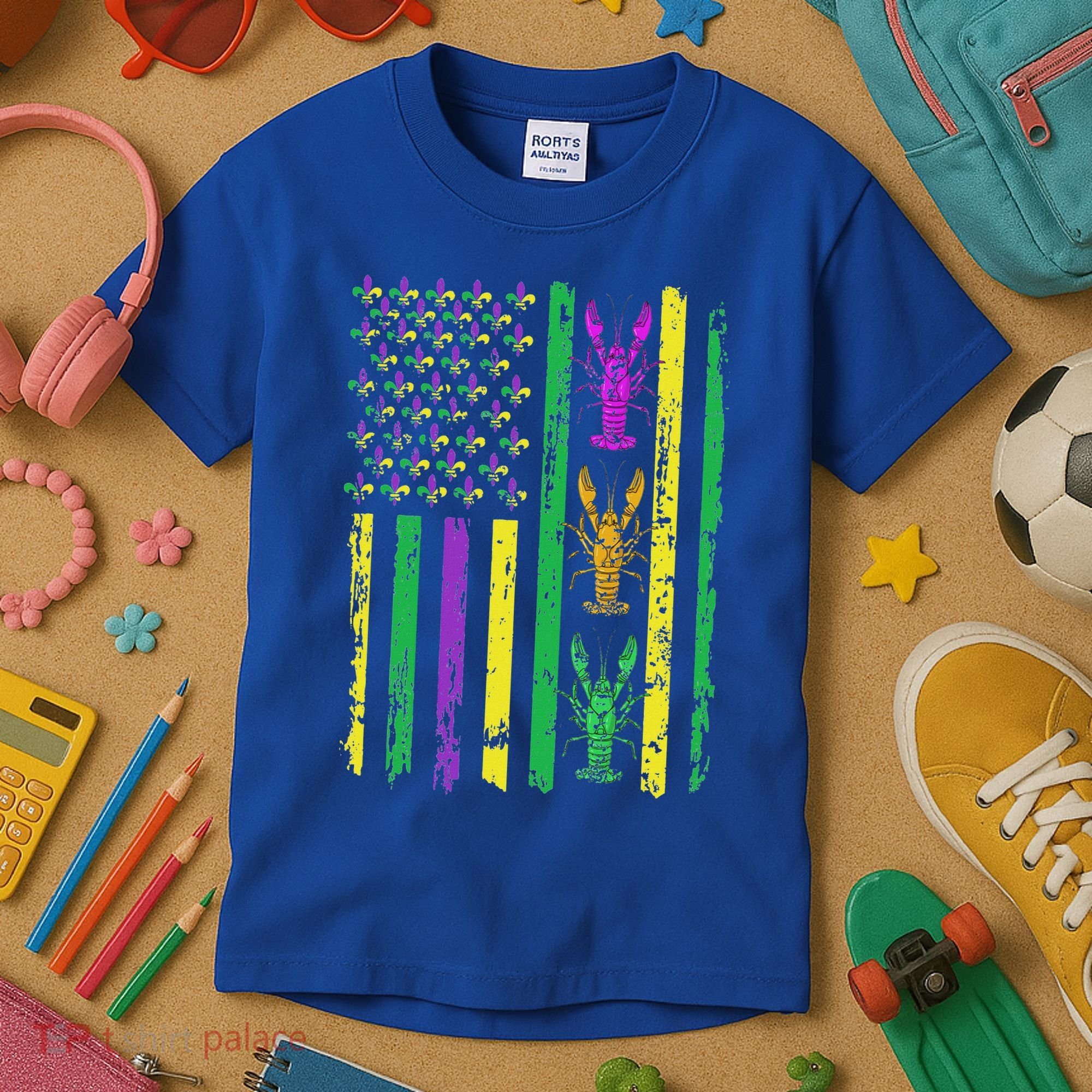 Carnival Mardi Gras USA American Flag Crawfish Parade  Kids T-Shirt