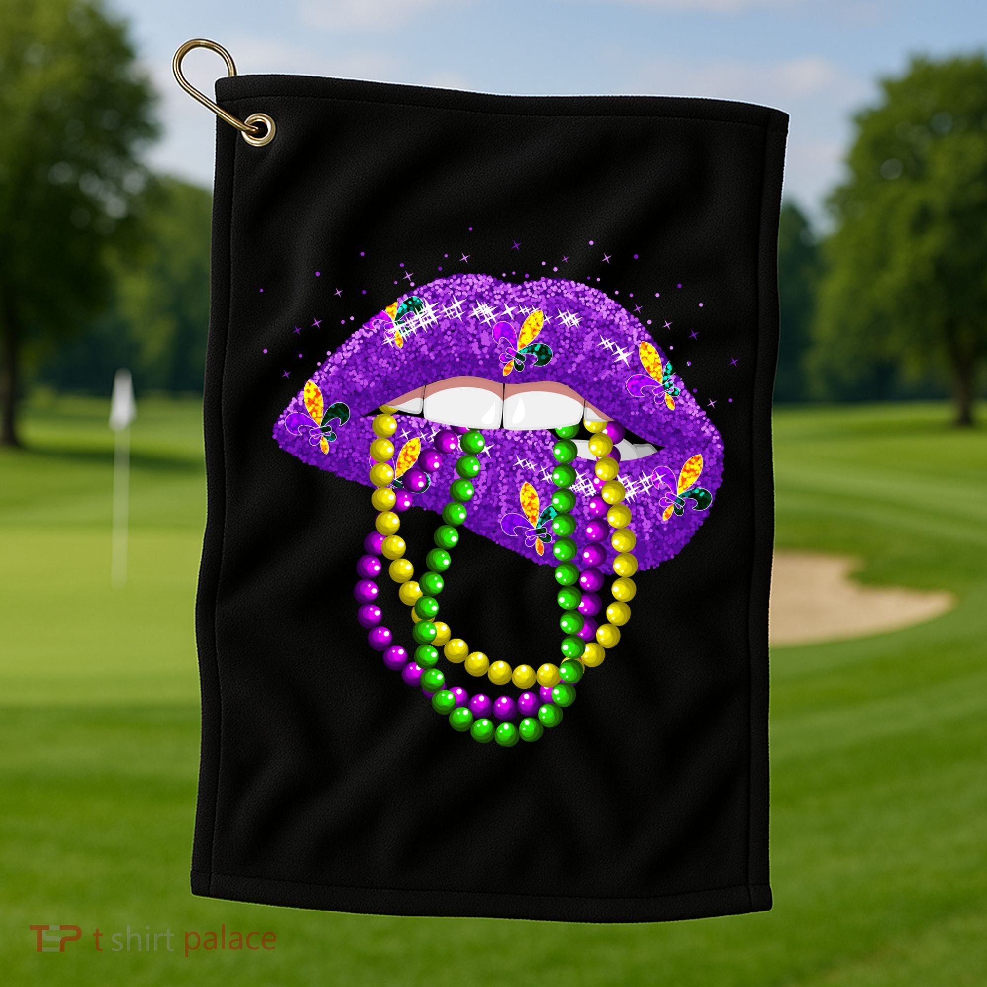 Cool Mardi Gras Glitter Lips Golf Towel