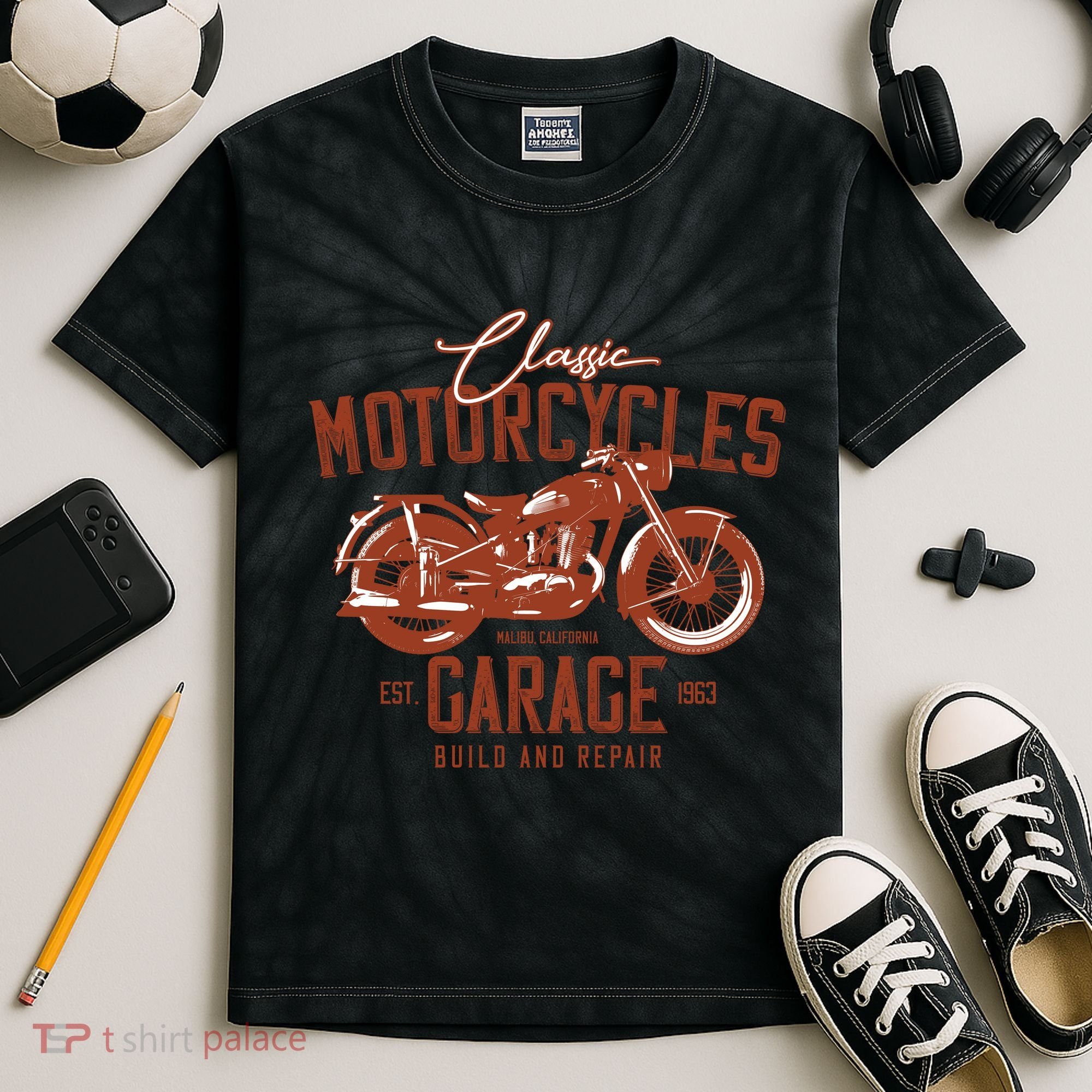 Classic Motorcycle Garage Kids Tie-Dye T-Shirt