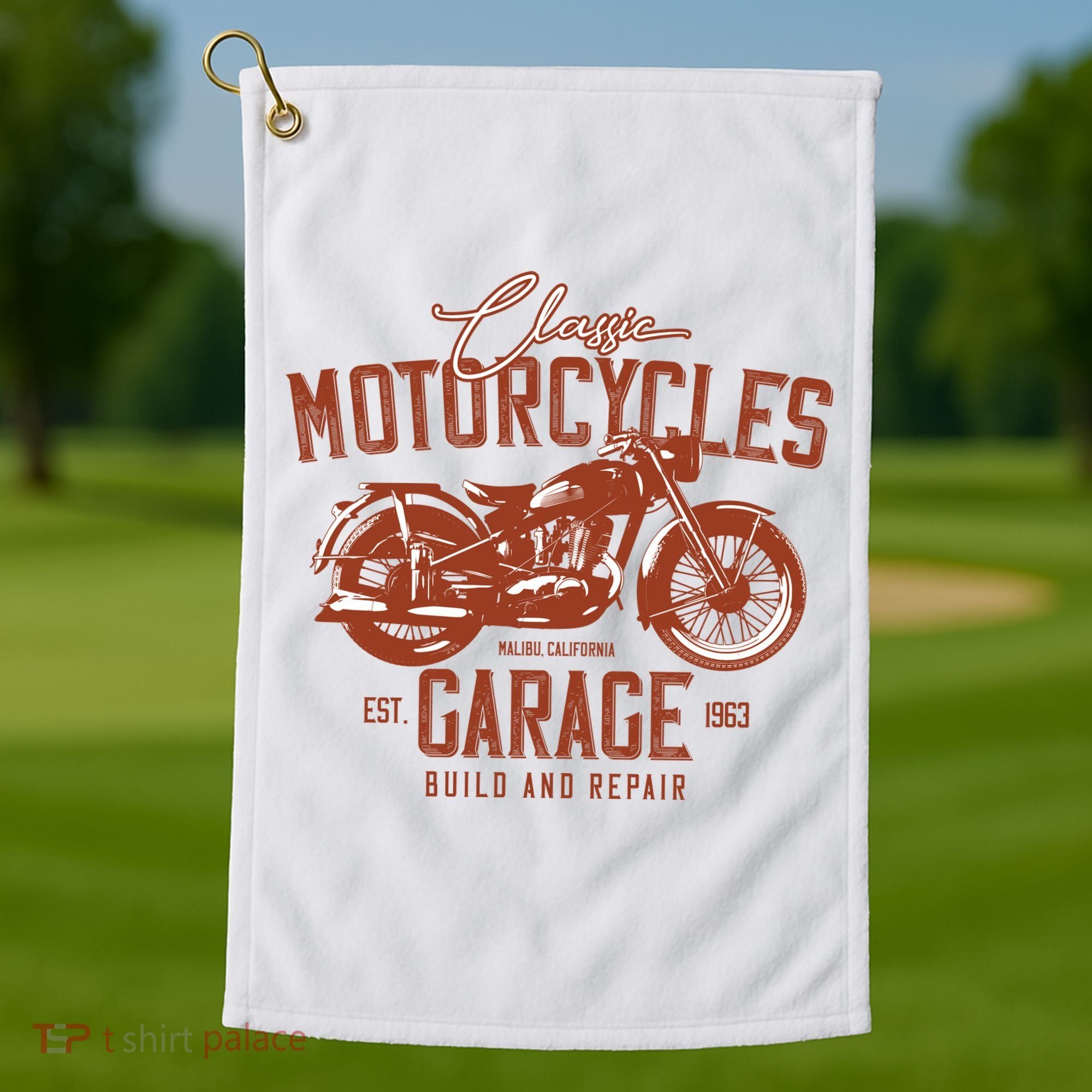 Classic Motorcycle Garage Golf Towel