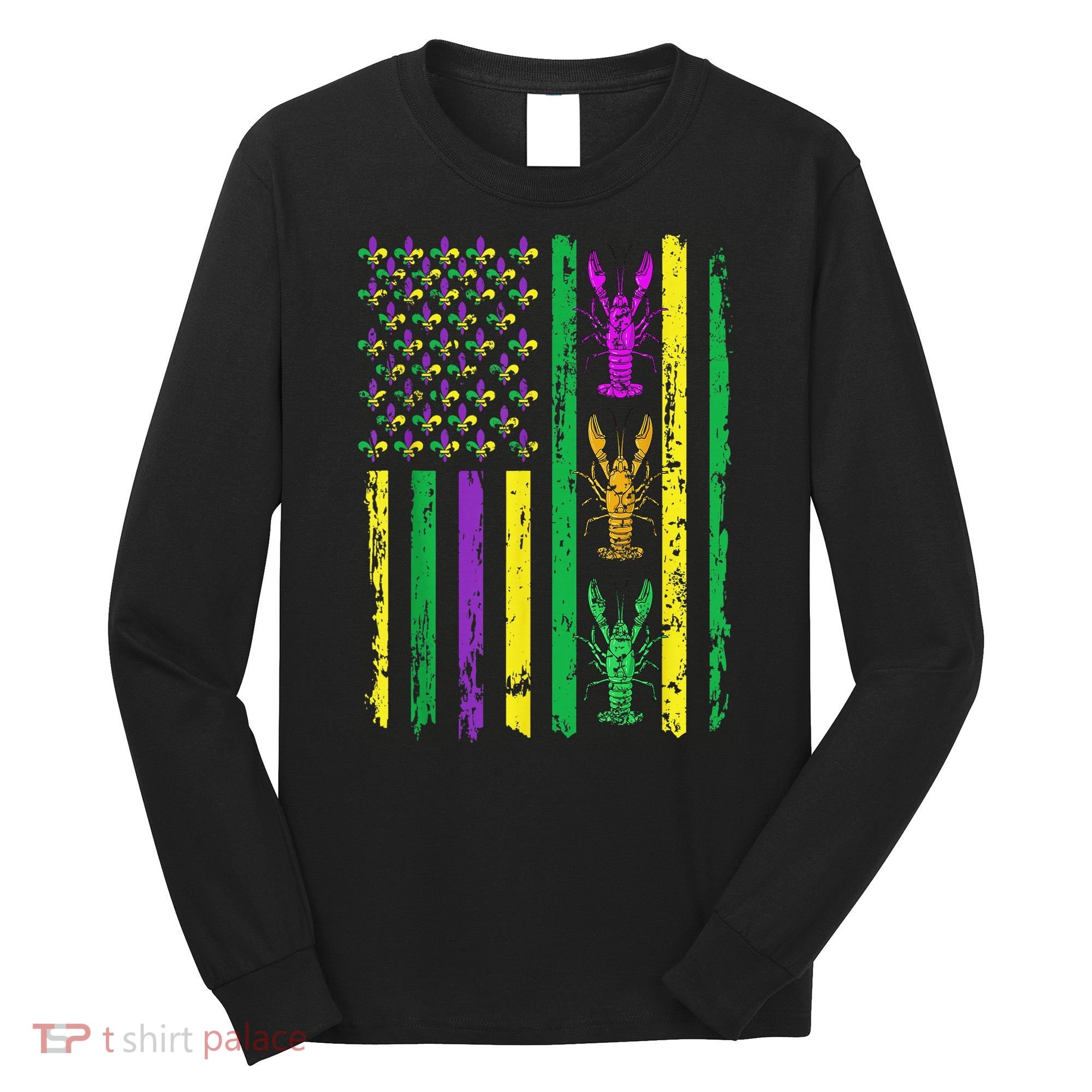 Carnival Mardi Gras Usa American Flag Crawfish Parade Long Sleeve Shirt