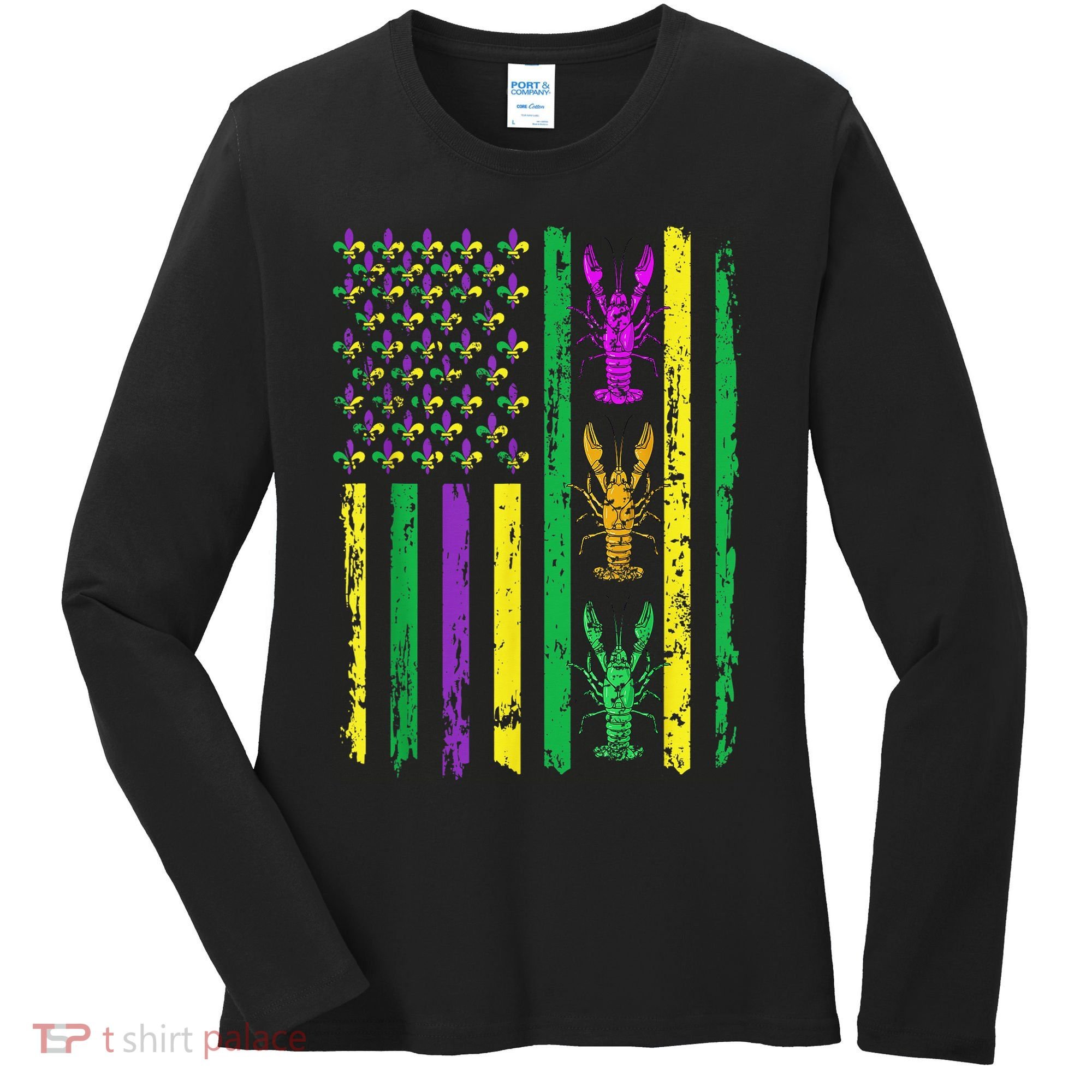 Carnival Mardi Gras Usa American Flag Crawfish Parade Women's Long Sleeve Shirt