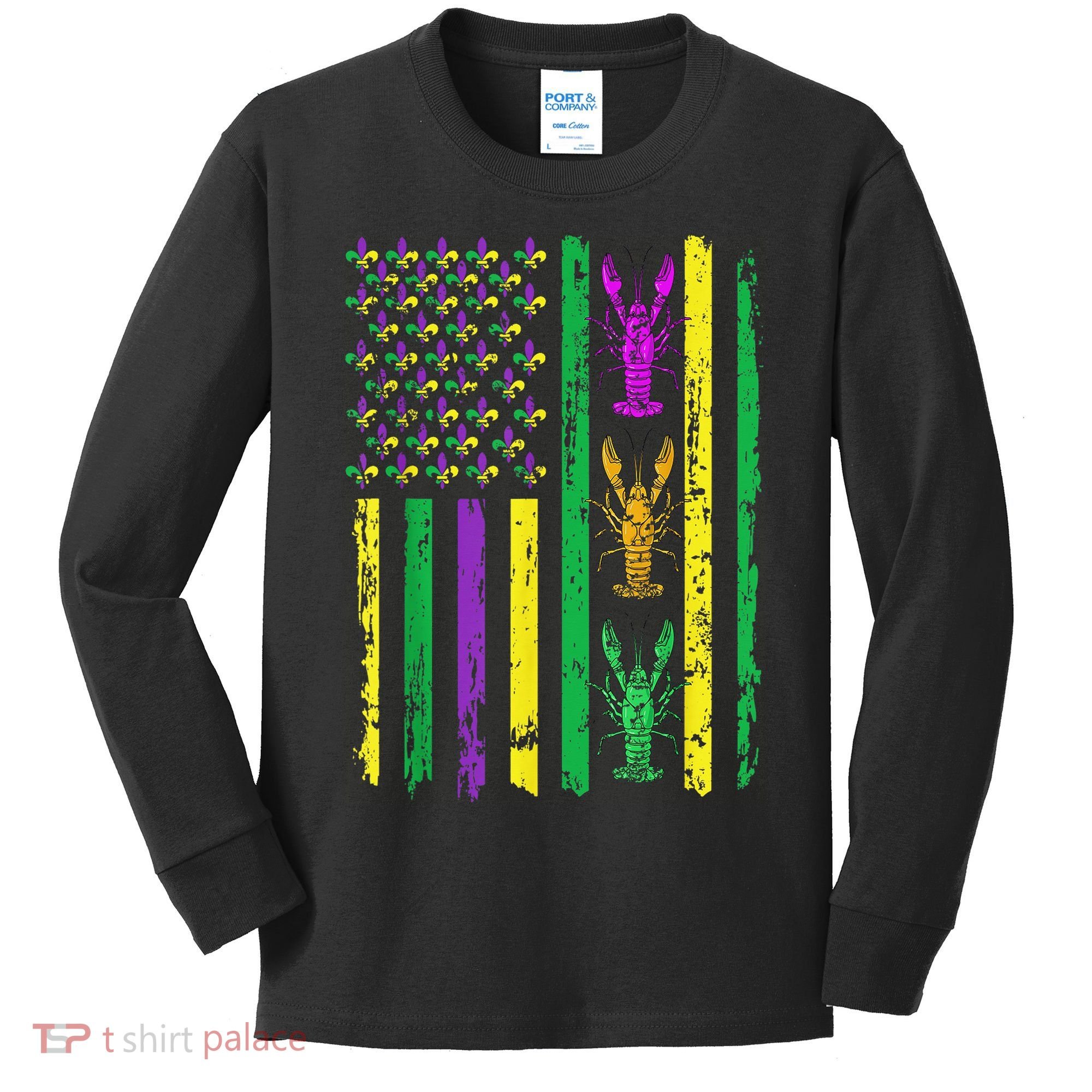 Carnival Mardi Gras Usa American Flag Crawfish Parade Kids Long Sleeve Shirt