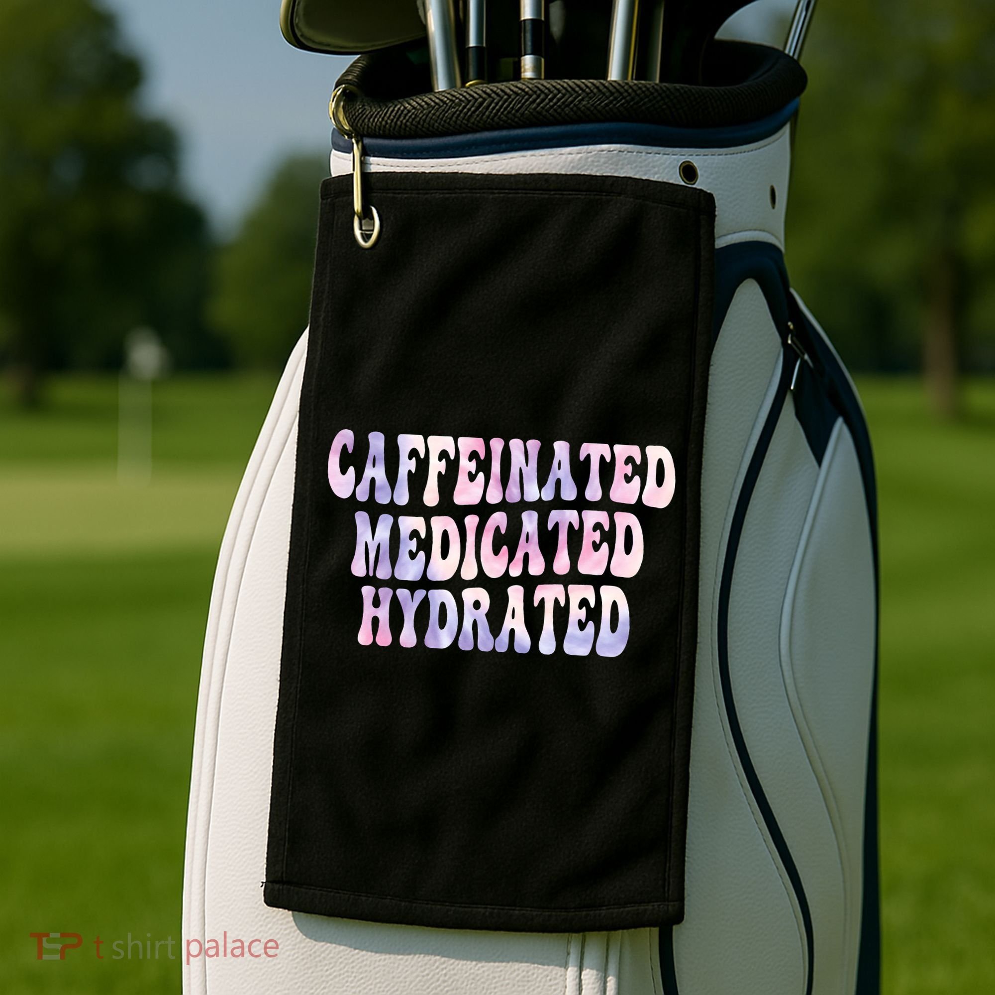 Caffeinated Medicated Hydrated Funny Saying Nurse Teacher Golf Towel