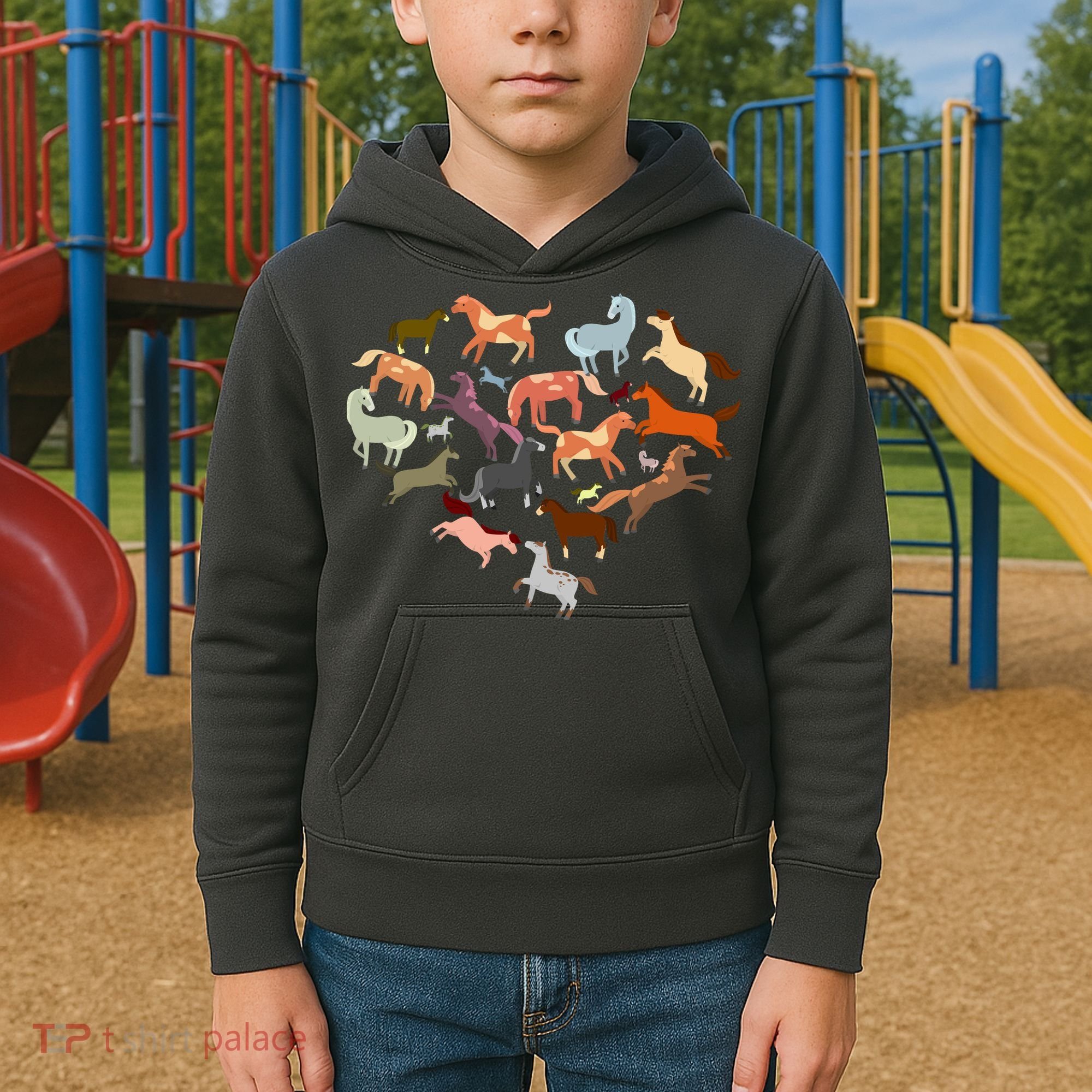 Cute Multi Horse Lover Heart Kids Hoodie