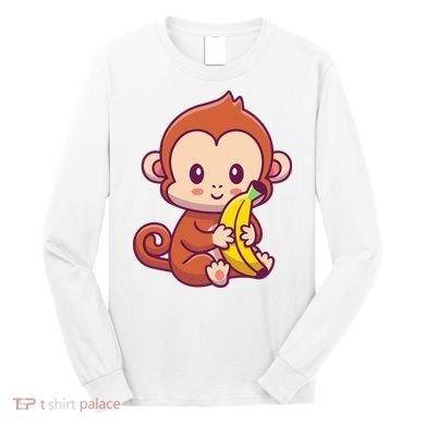 Cute Monkey Holding Banana Cartoon Long Sleeve Shirt