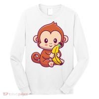 Cute Monkey Holding Banana Cartoon Long Sleeve Shirt thumb 0
