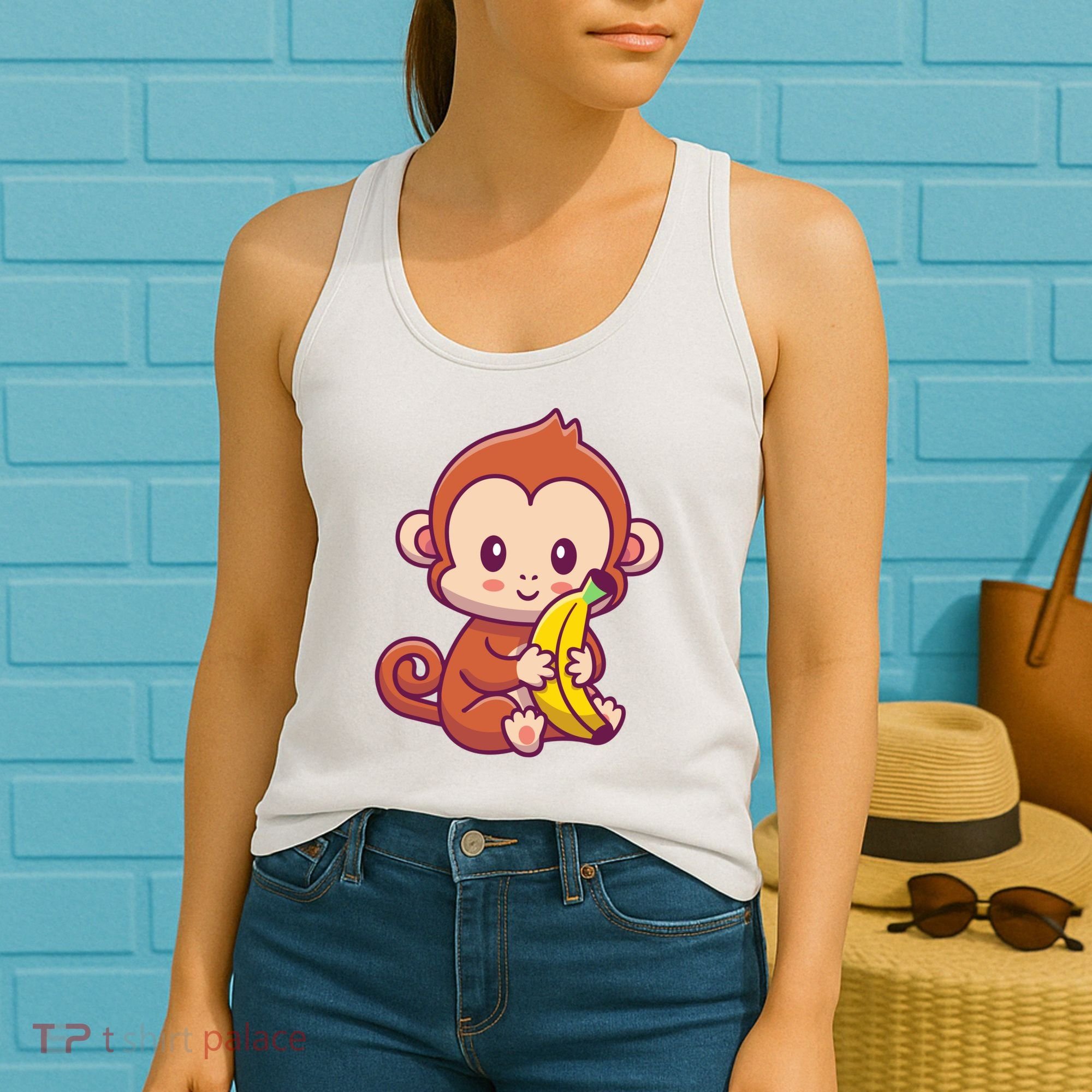Cute Monkey Holding Banana Cartoon Women's Tank Top