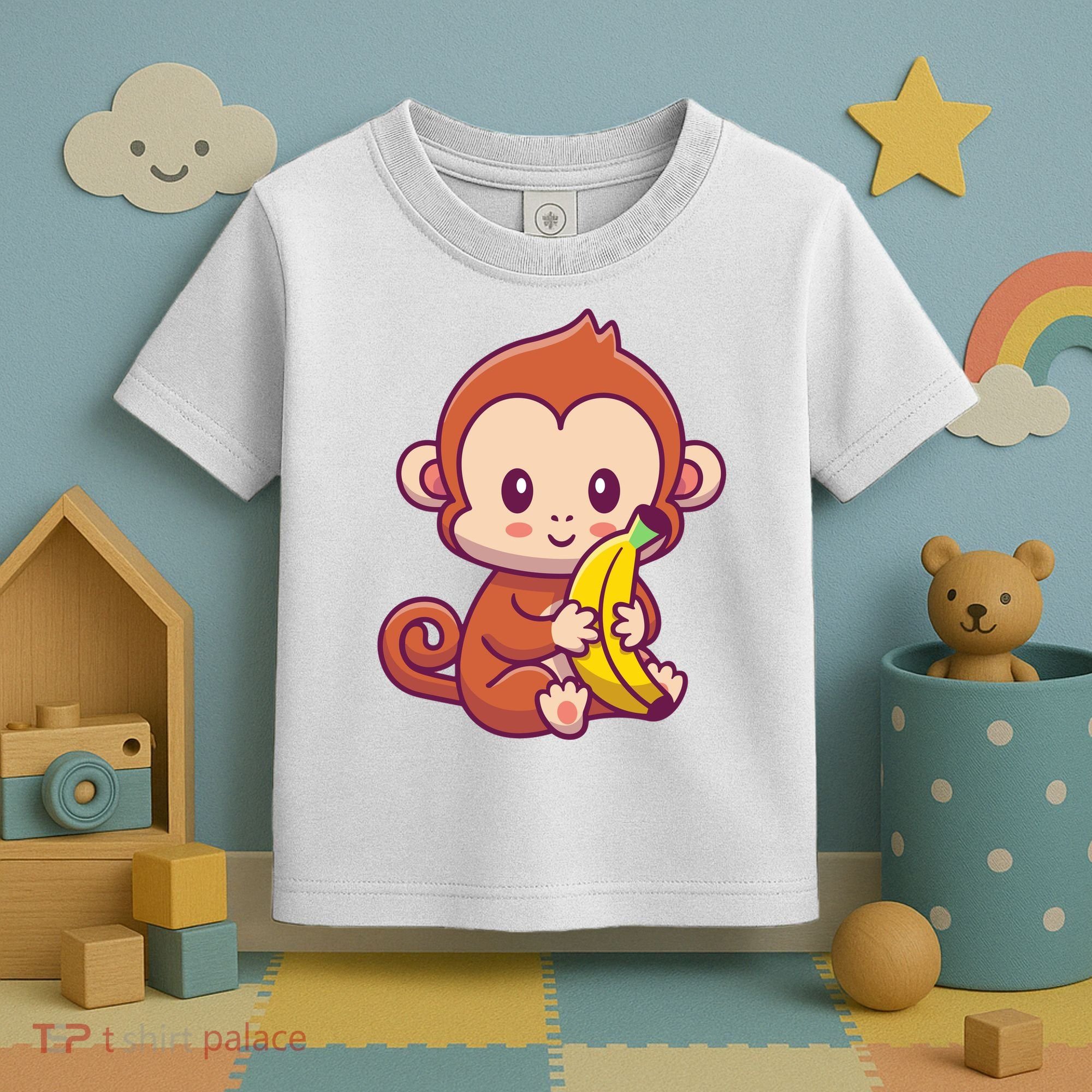 Cute Monkey Holding Banana Cartoon Toddler T-Shirt