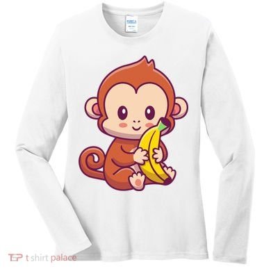 Cute Monkey Holding Banana Cartoon Women's Long Sleeve Shirt