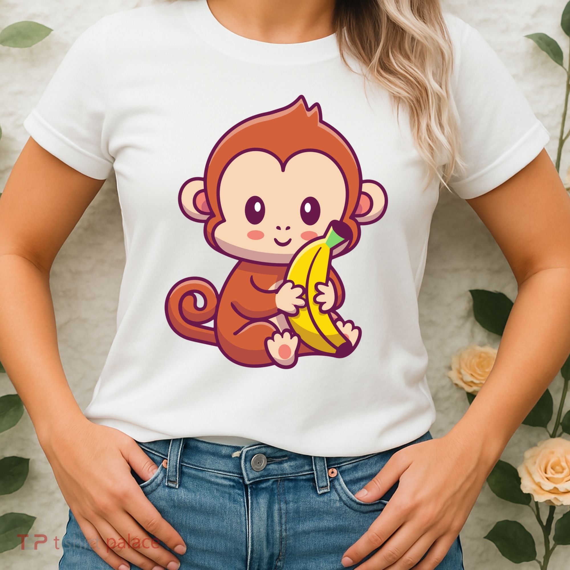 Cute Monkey Holding Banana Cartoon Women's T-Shirt